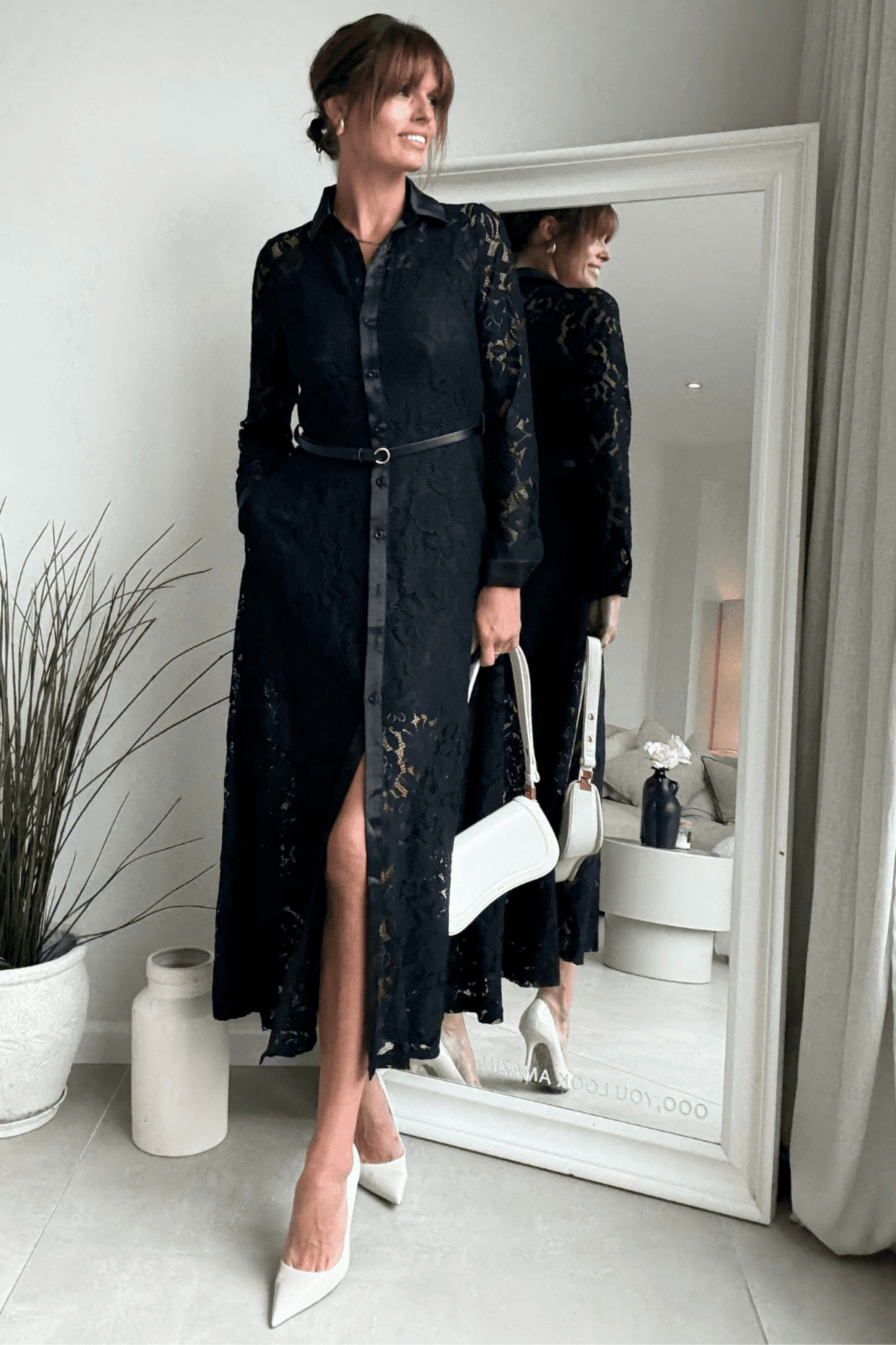 shirt dress with lace Black Floral Shirt Dress