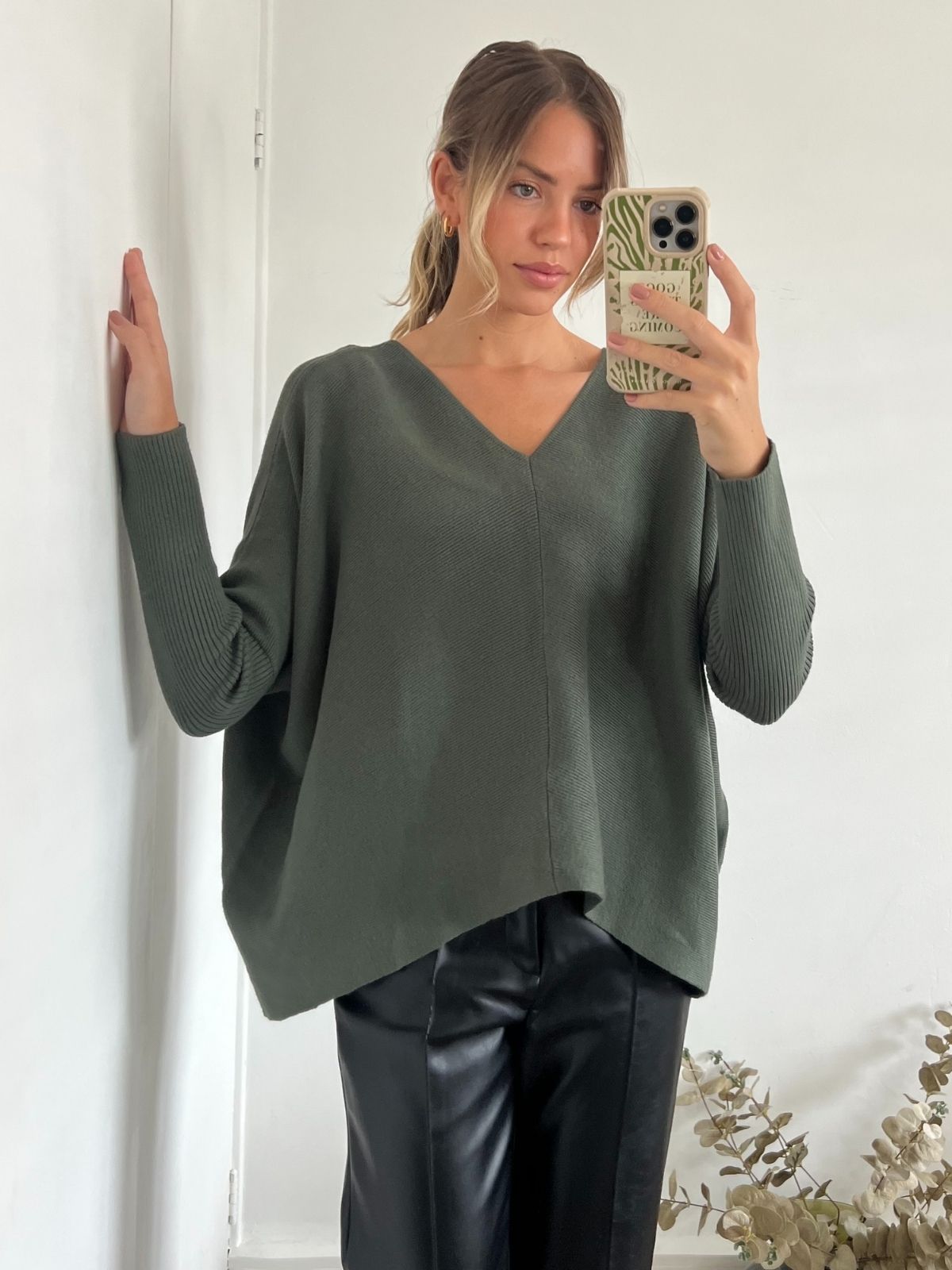 Khaki Oversized Jumper | Ella Knitted V Neck Jumper