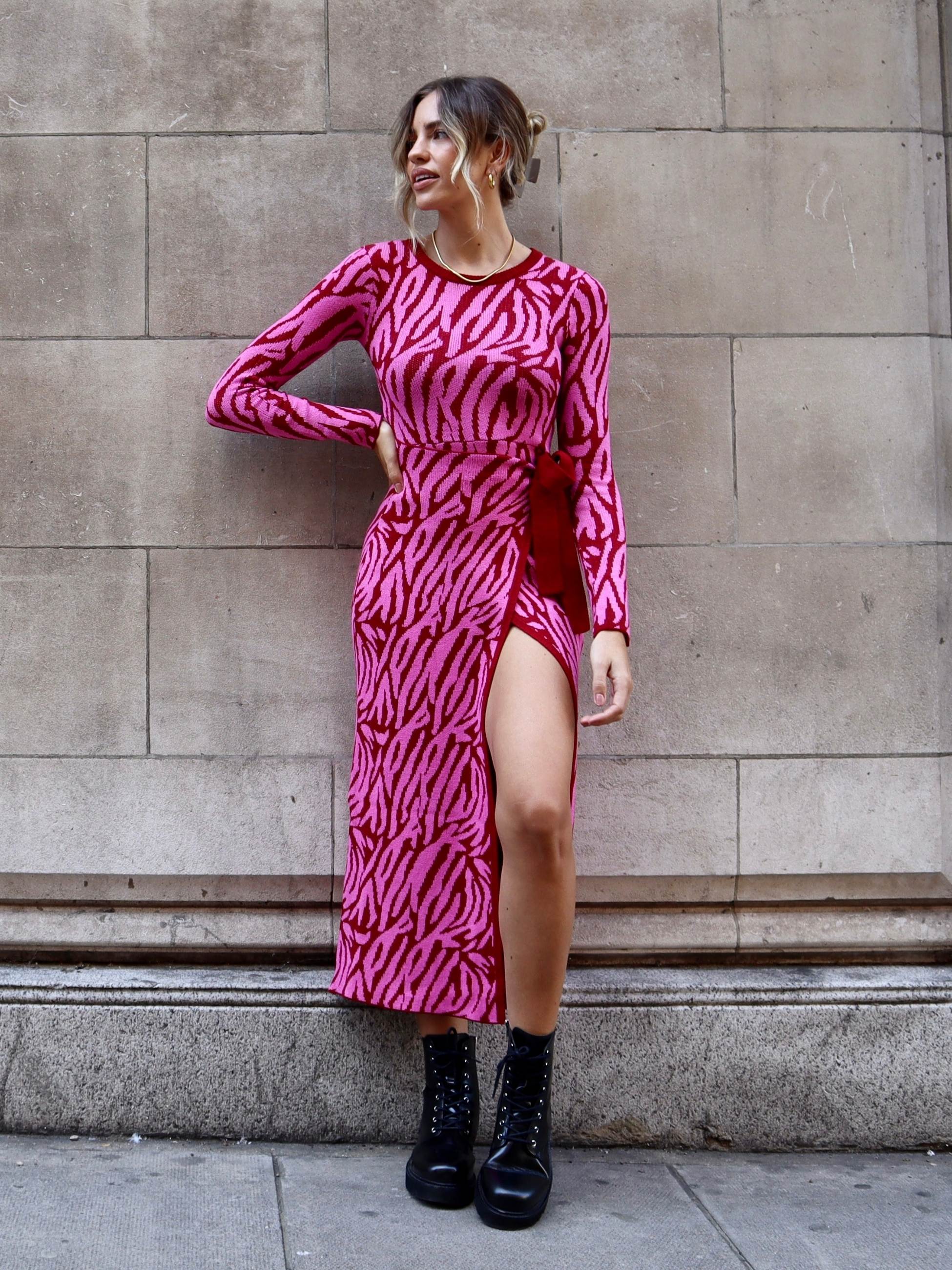 Zebra Knit Dress | Renee Zebra Jacquard Knitted Midaxi Dress in Pink