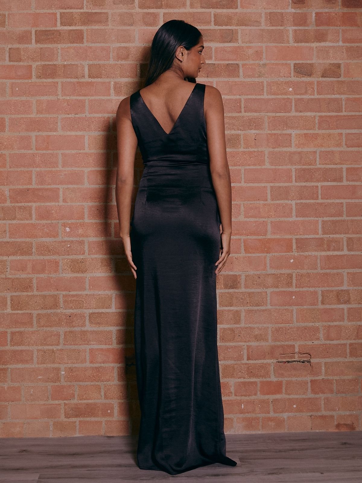 V Neck Satin Maxi Dress / Black
