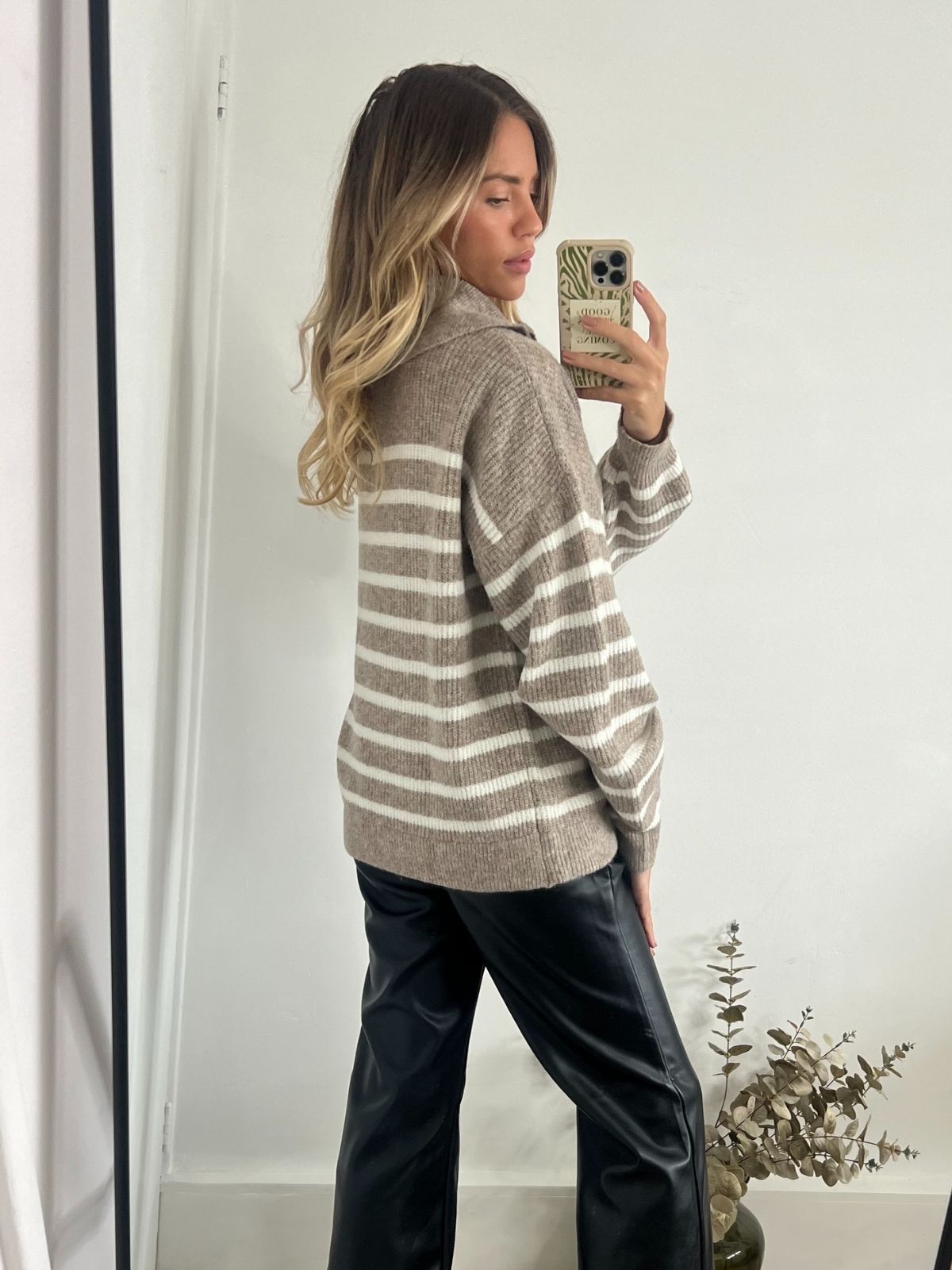 Quarter Zip Stripe Jumper | Kianna Stripe Knitted Jumper / Brown