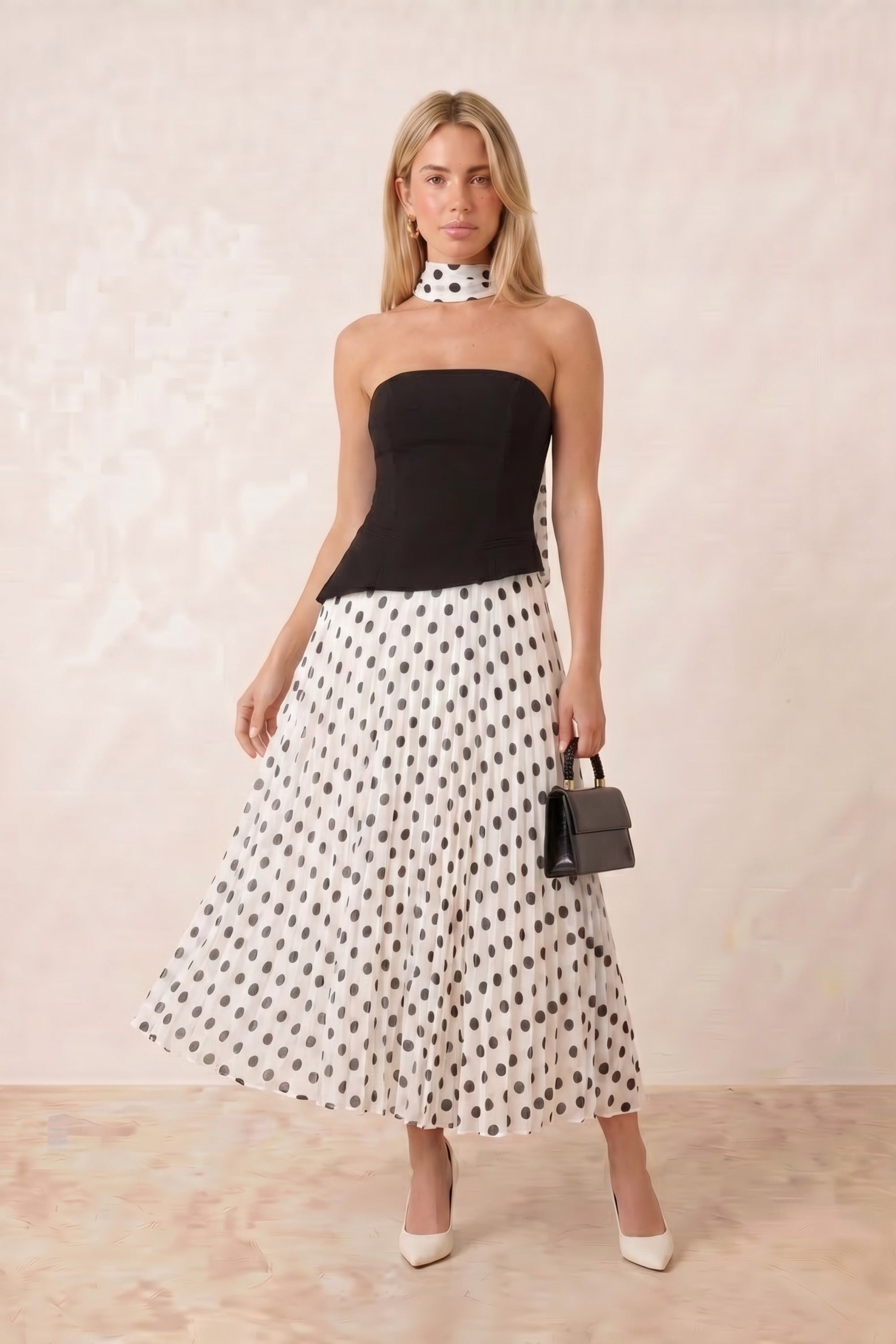 Viola Scarf Bandeau Pleat Dress in Mono Polka Dot