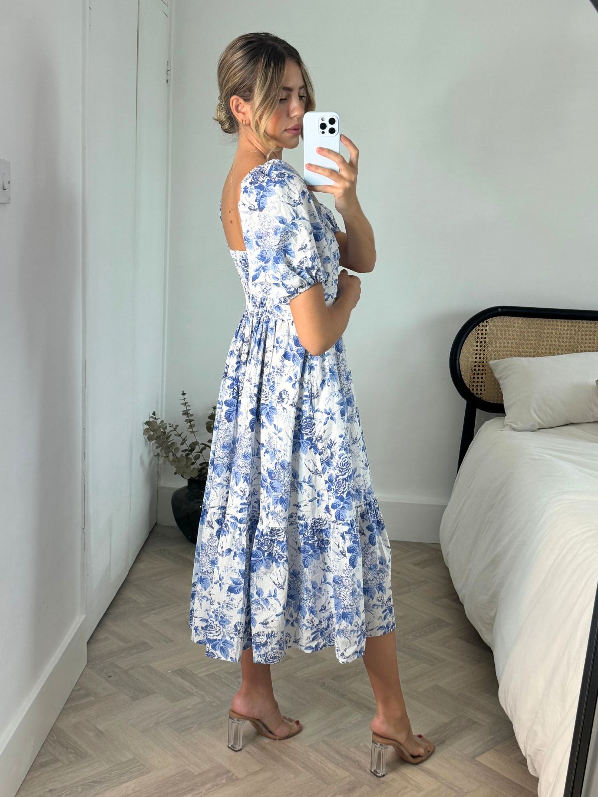 Puff Sleeve Midi Dress | Leighton Dress in Blue Floral