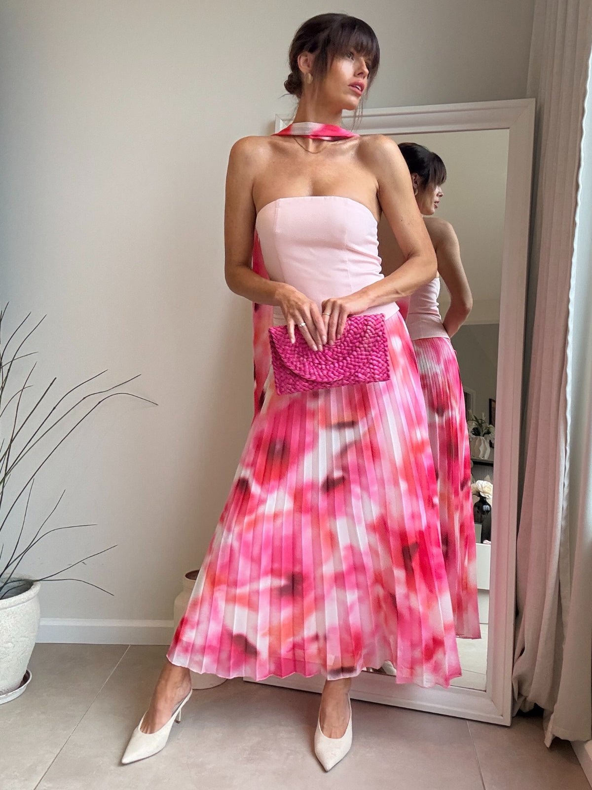 Viola Scarf Bandeau Pleat Dress in Pink