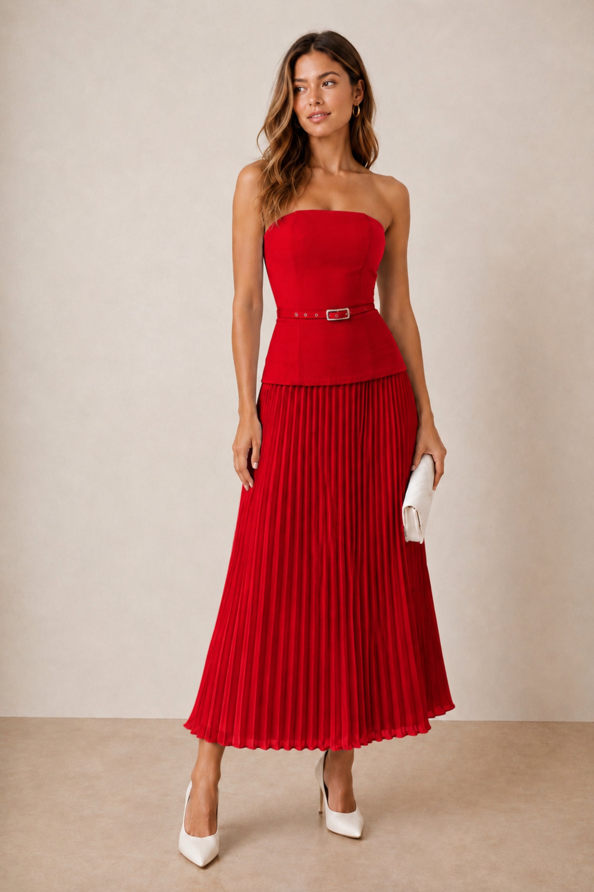 Anna Bandeau Pleat Dress in Red