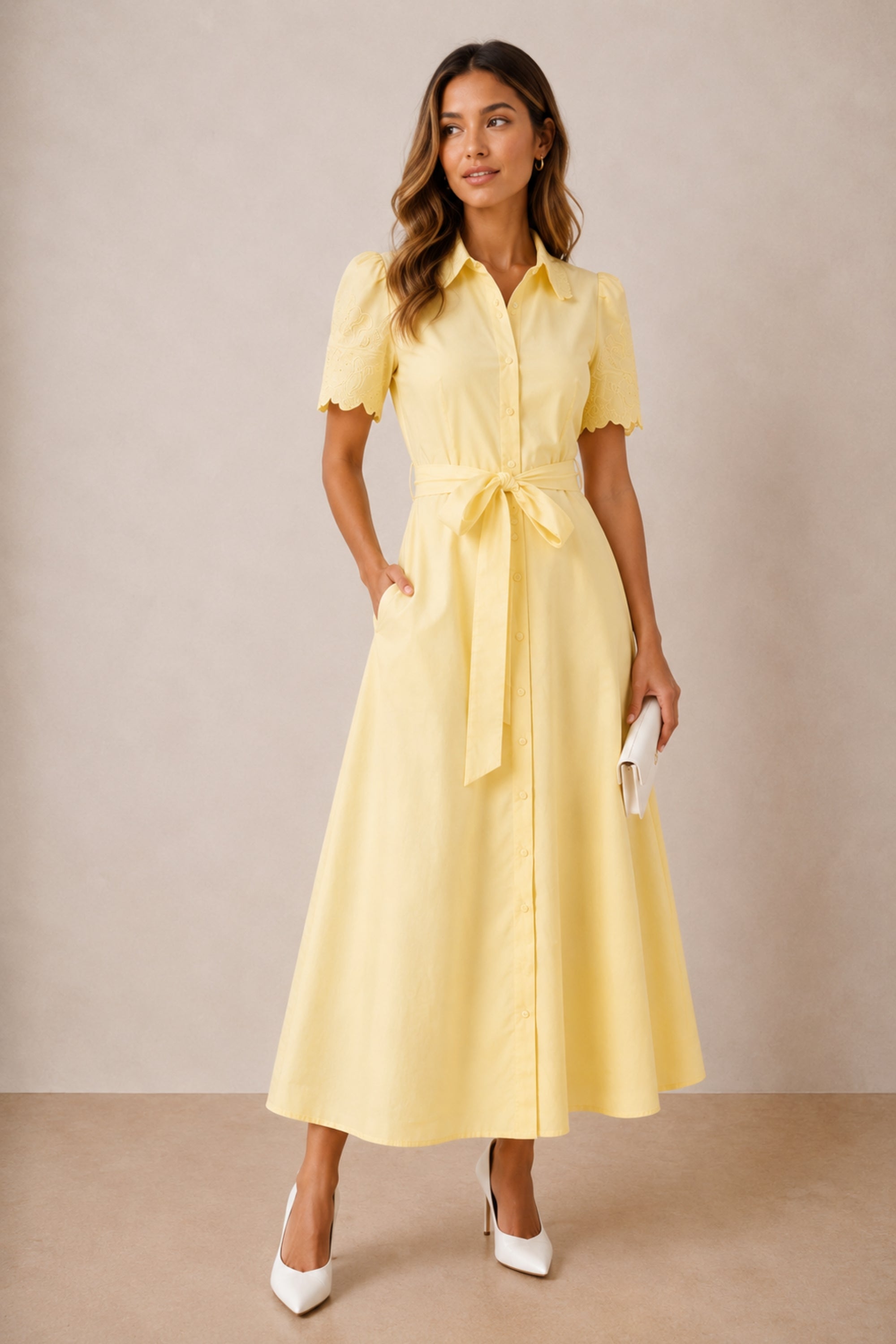 Laser Cut Shirt Dress in yellow