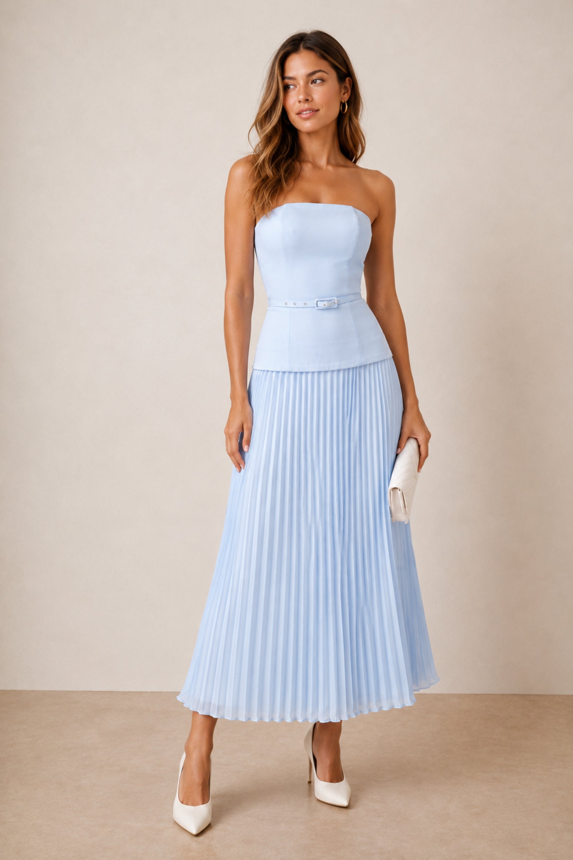 Anna Bandeau Pleat Dress in Baby Blue