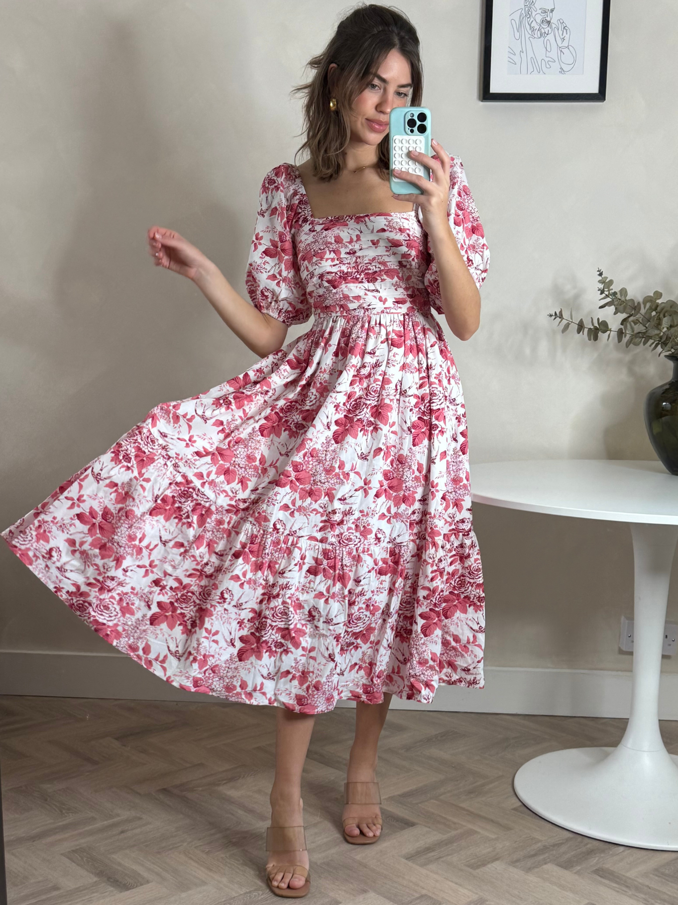 Leighton Puff Sleeve Midi Dress in Pink Floral