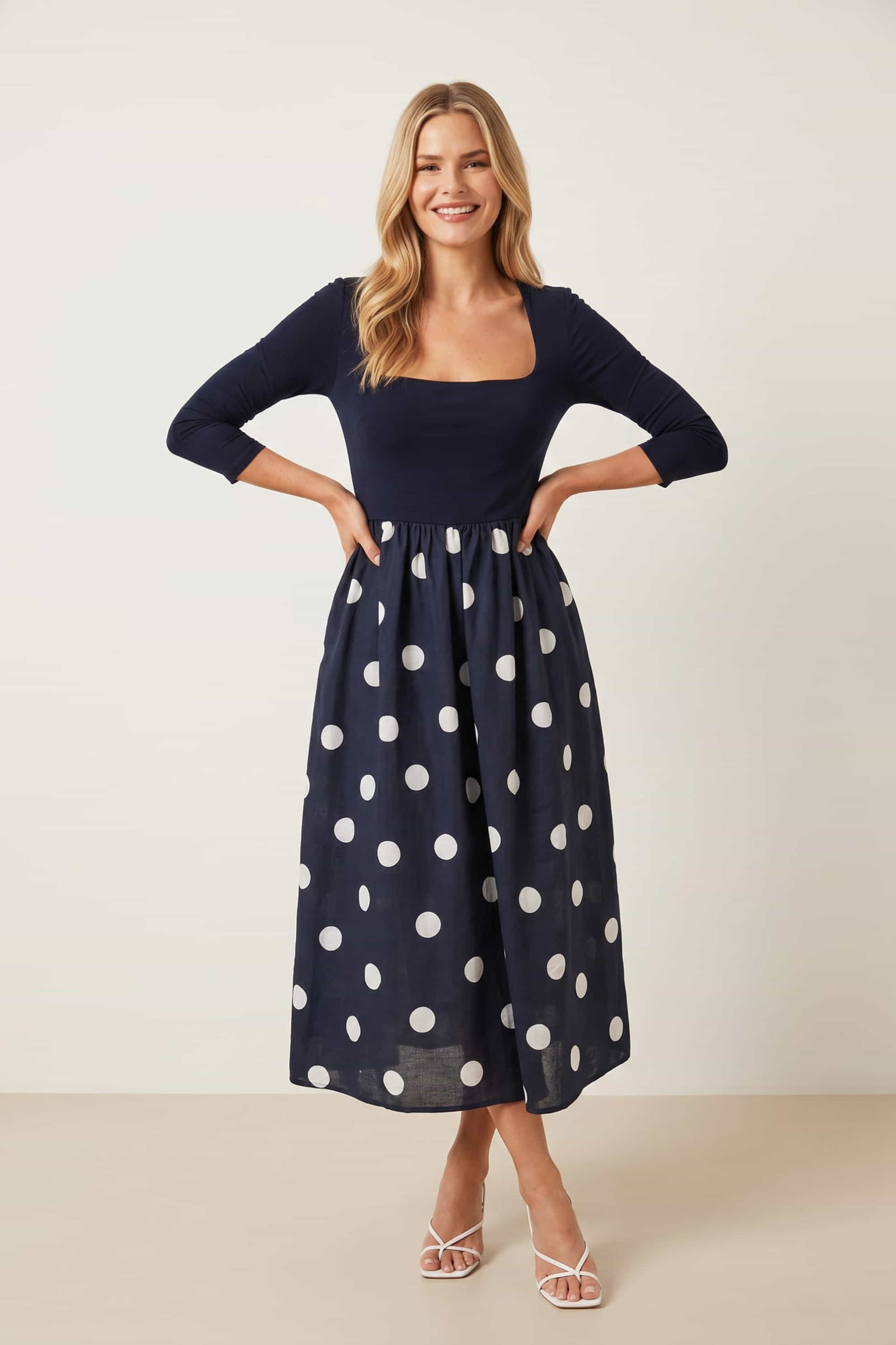 Sadie Navy and Cream Polka Dot 3/4 Sleeve Dress