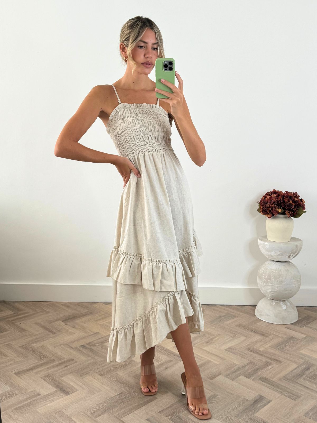 Bessie Shirred Frill Midi Dress in Cream