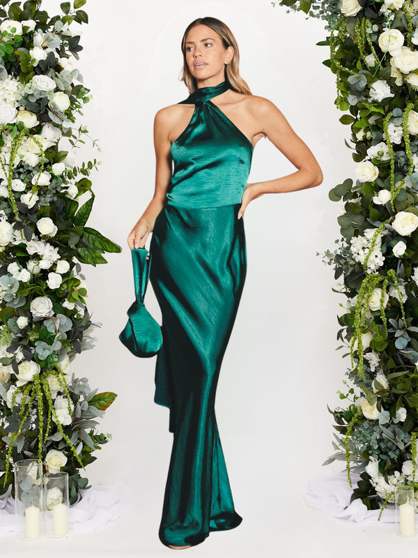 Asymmetric Scarf Satin Maxi Dress / Emerald Green Style Cheat Asymmetric Scarf Satin Maxi Dress / Emerald Green Style Cheat