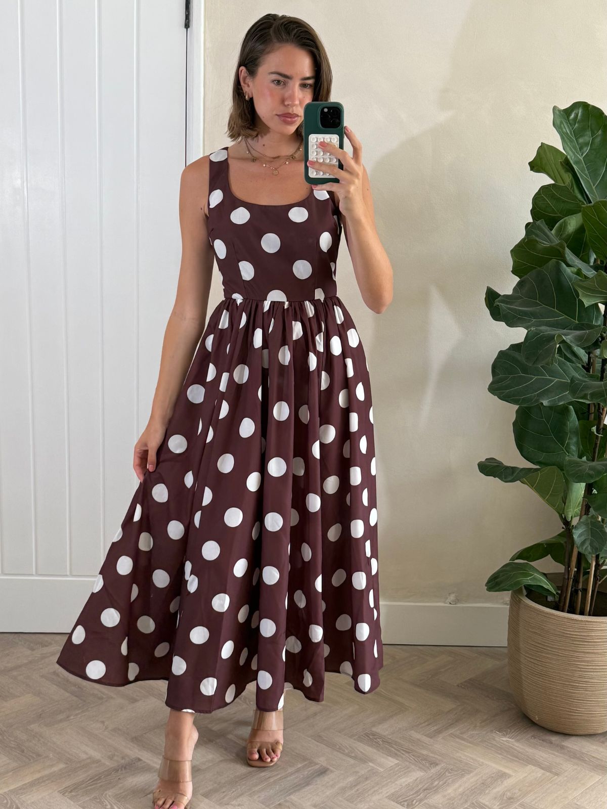 Davica Chocolate Brown and Cream Polka Dot Midi Dress