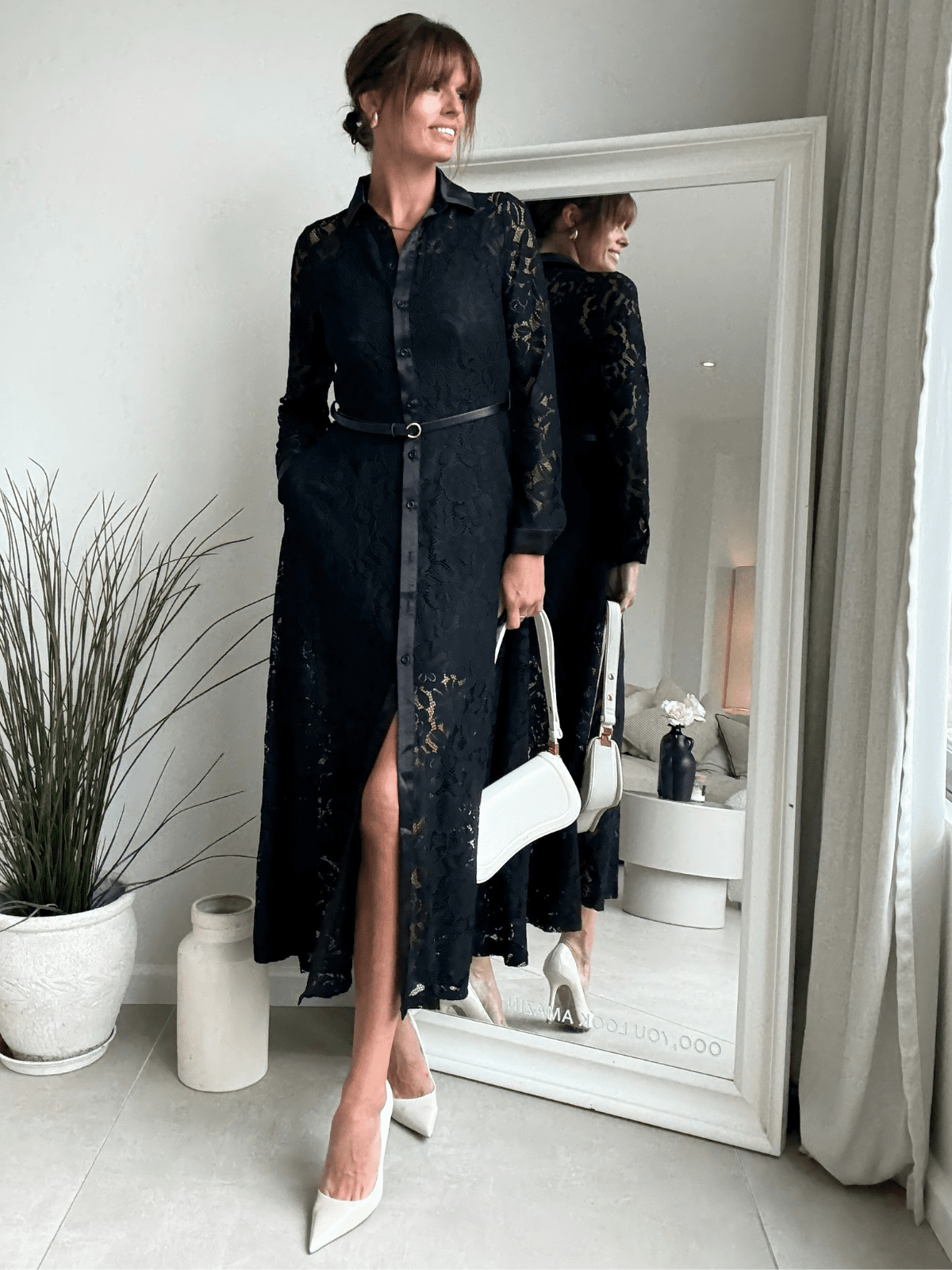 Daphne Belted Shirt Dress / Black Lace