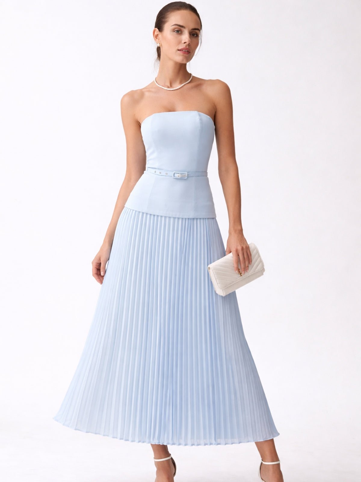 Anna Bandeau Pleat Dress in Baby Blue