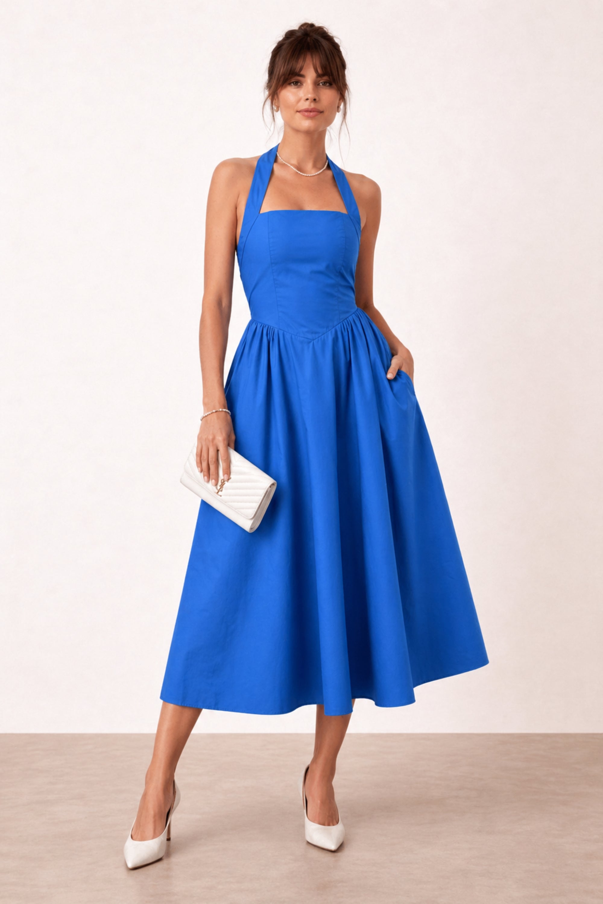 Elsie Cotton Halter Midi fit and Flare Dress in Blue – Style Cheat