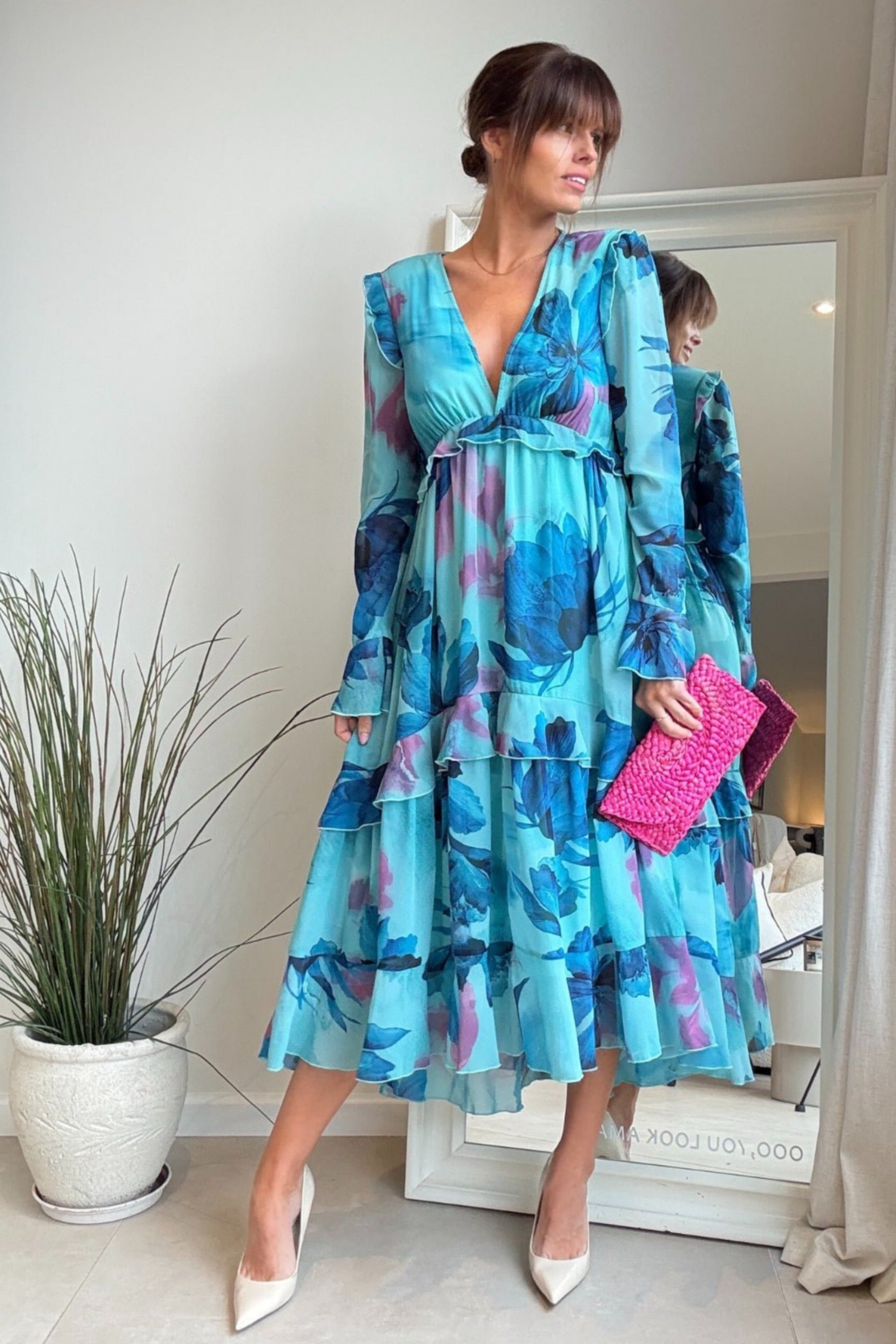 Birdie Frill Tie Back Dress / Blue Floral