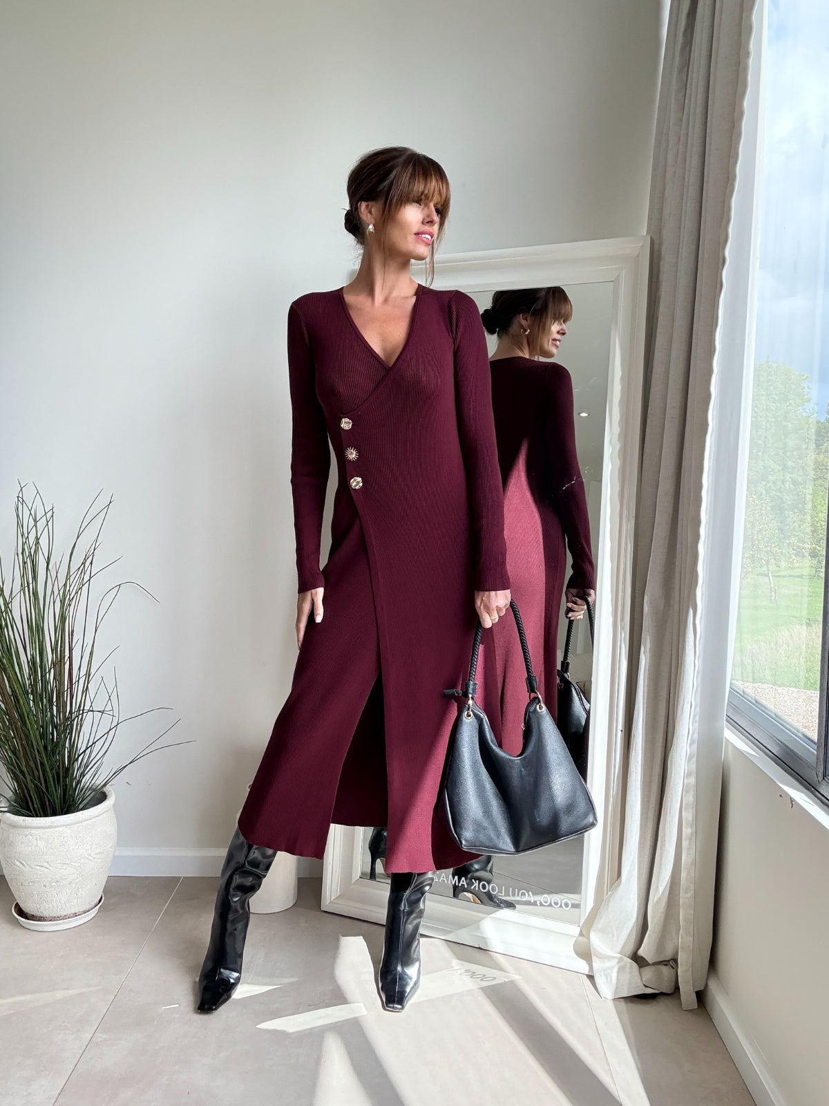 Mix Button Knitted Midi Dress / Burgundy