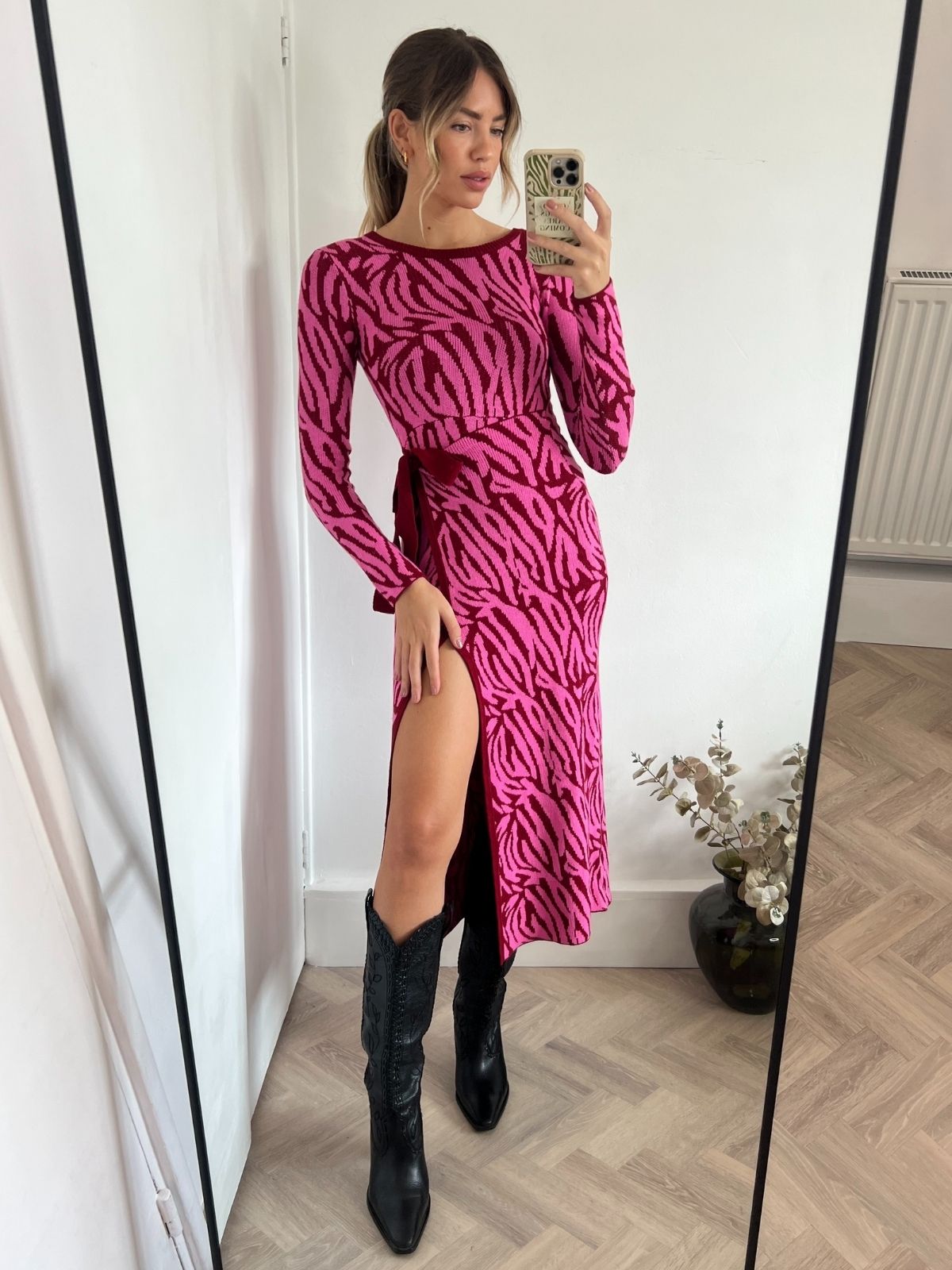 Zebra Knit Dress | Renee Zebra Jacquard Knitted Midaxi Dress in Pink