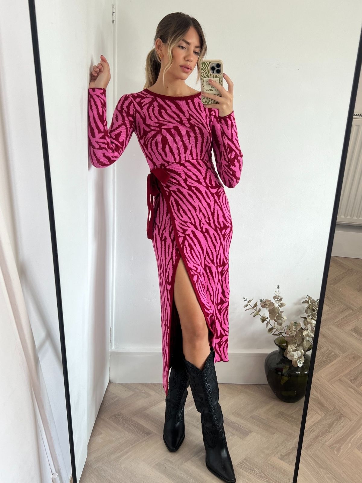 Zebra Knit Dress | Renee Zebra Jacquard Knitted Midaxi Dress in Pink