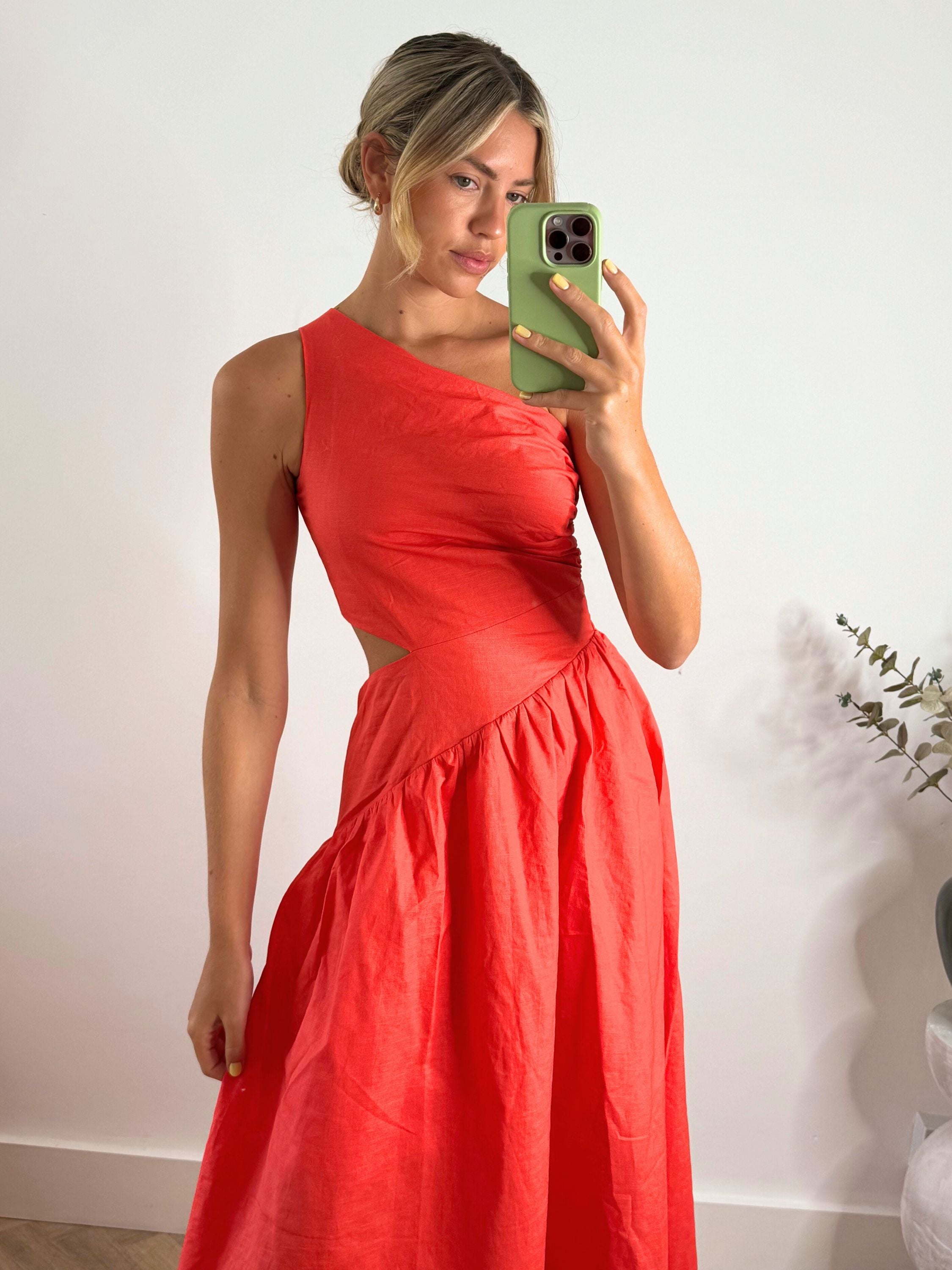 Jasmine Cut Out One Shoulder Dress in Coral