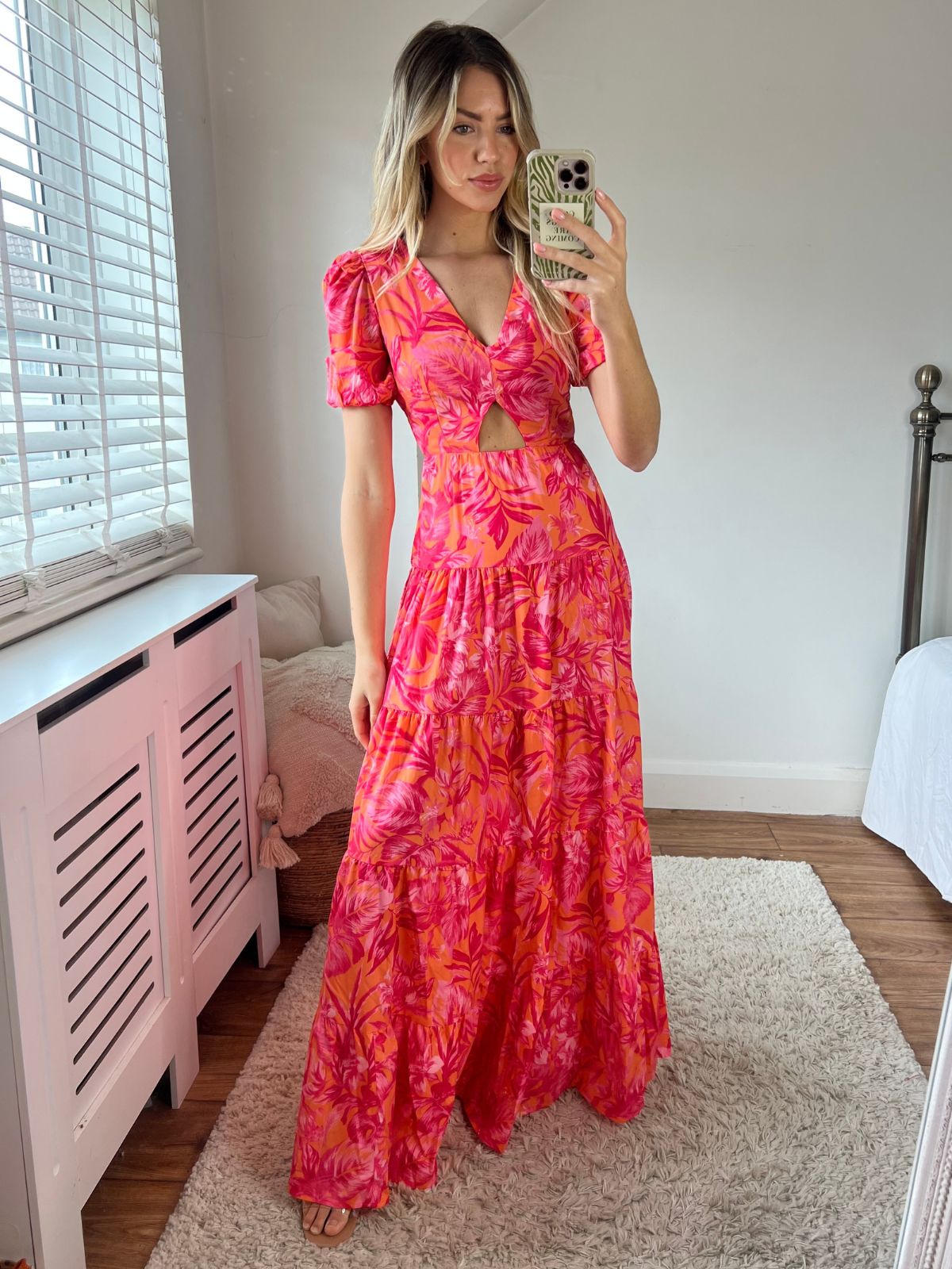 Zoe Tiered Cutout Maxi Dress / Pink & Orange Palm