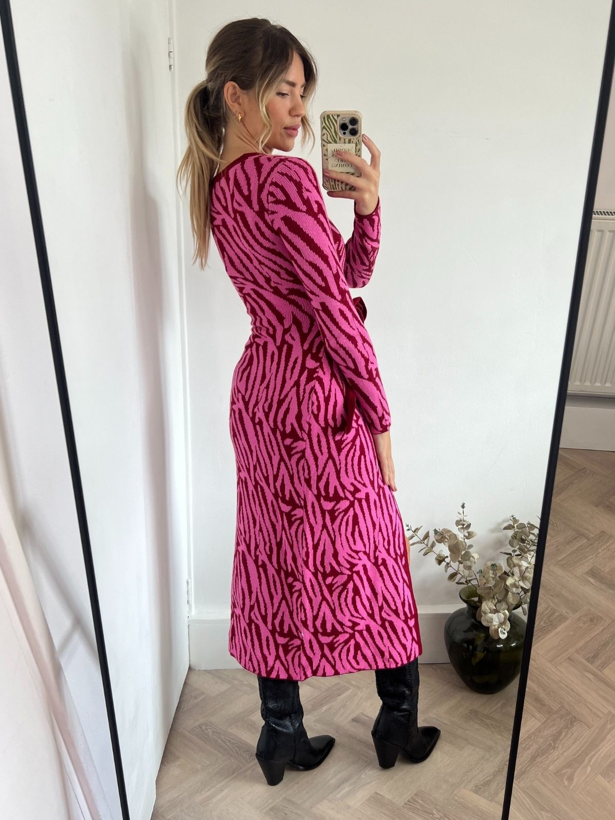 Zebra Knit Dress | Renee Zebra Jacquard Knitted Midaxi Dress in Pink