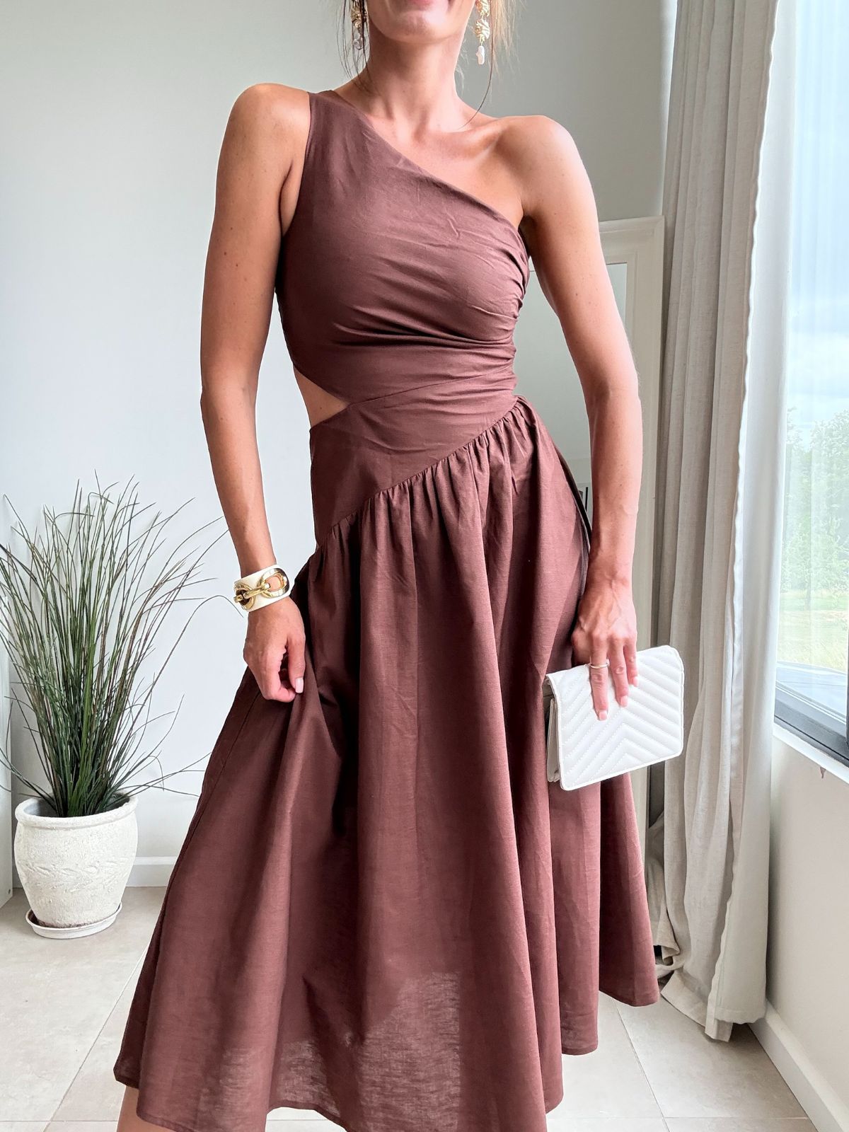 Jasmine Cut Out One Shoulder Dress in Chocolate Brown