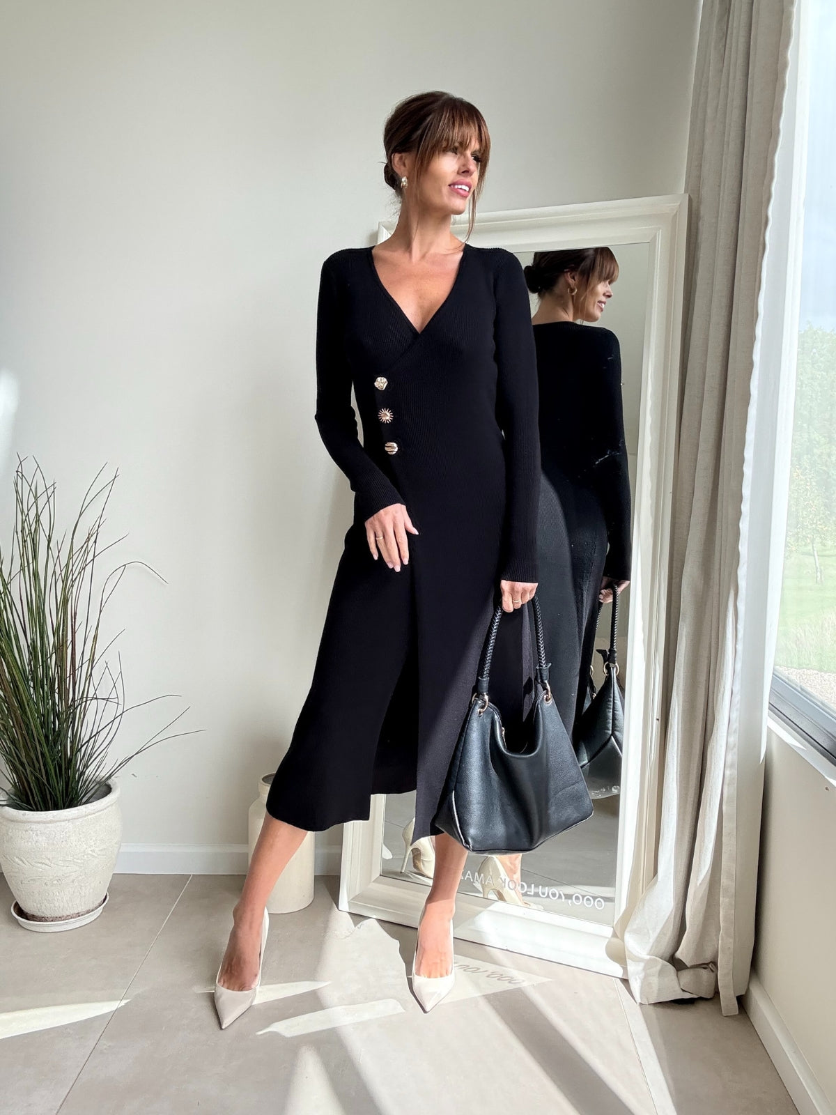 Mix Button Knitted Midi Dress / Black