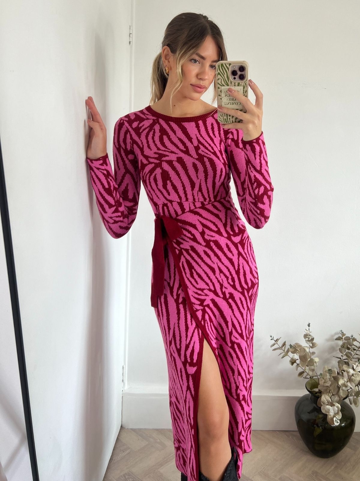 Zebra Knit Dress | Renee Zebra Jacquard Knitted Midaxi Dress in Pink