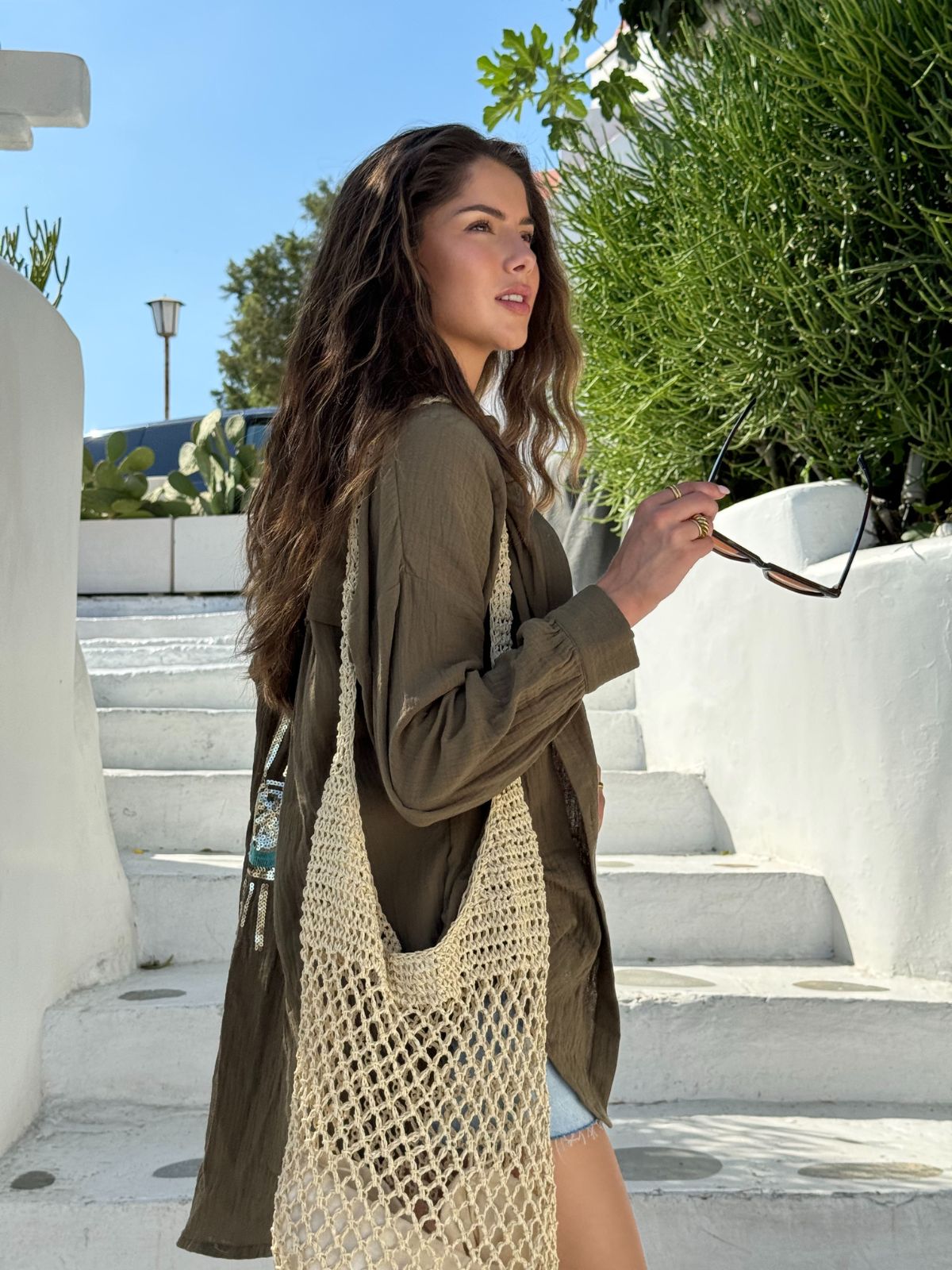 Khaki Beach Shirt | Cleo Eye Sequin Back Shirt