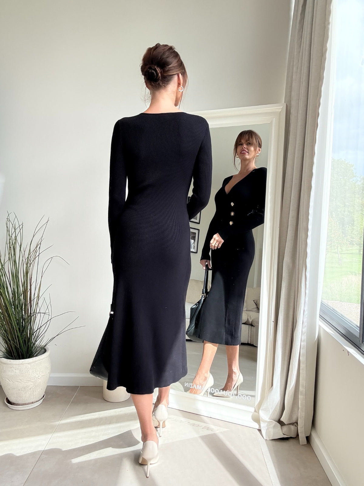 Mix Button Knitted Midi Dress / Black