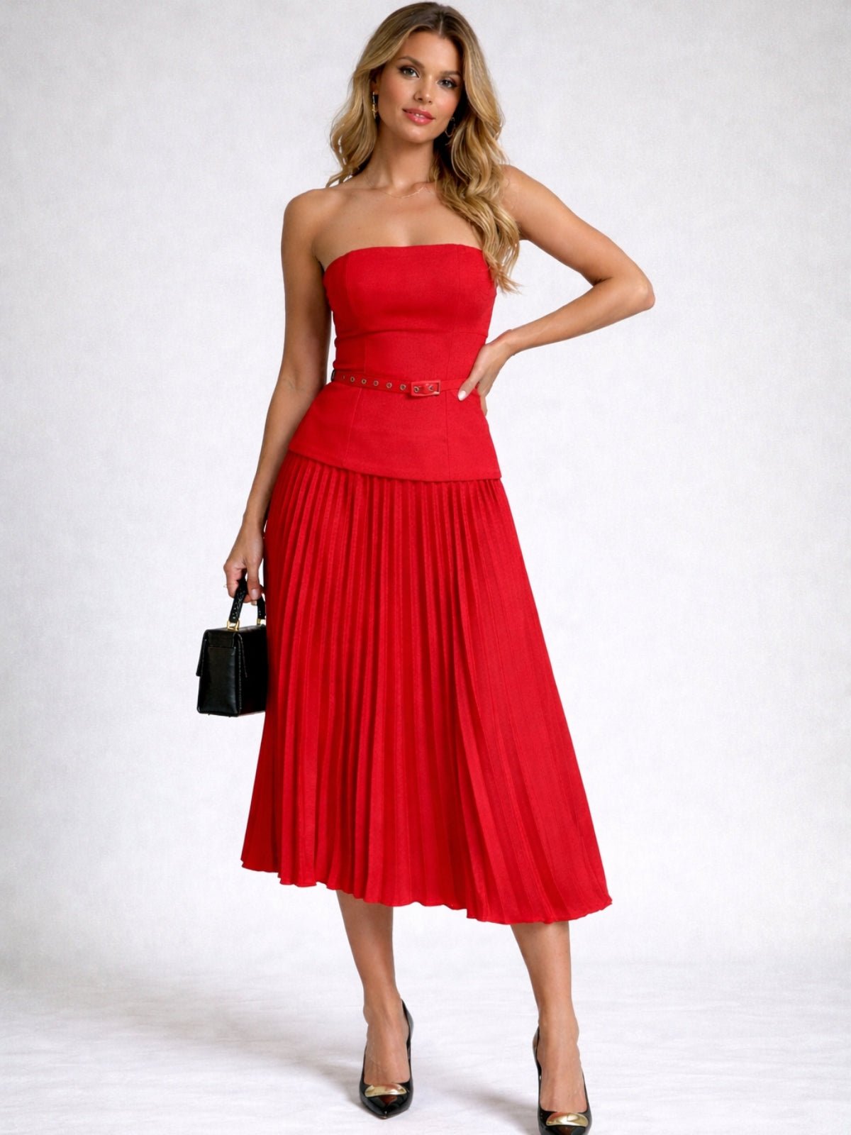 Anna Bandeau Pleat Dress in Red
