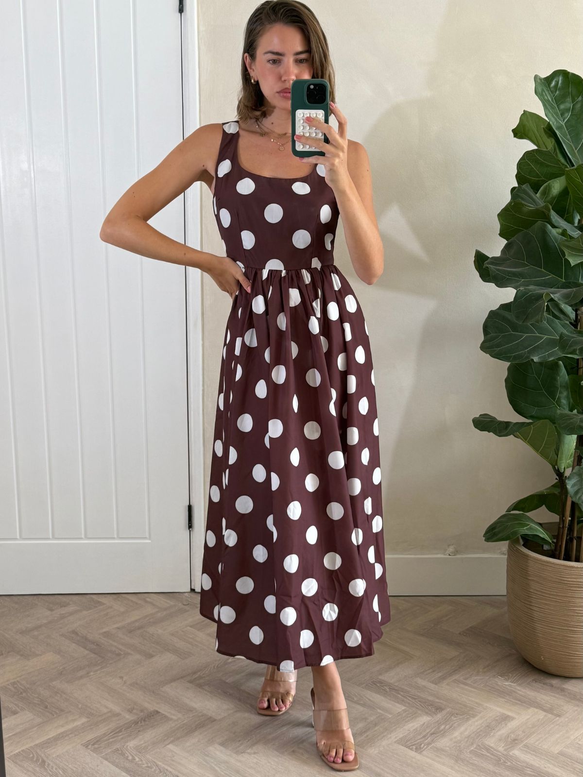 Davica Chocolate Brown and Cream Polka Dot Midi Dress