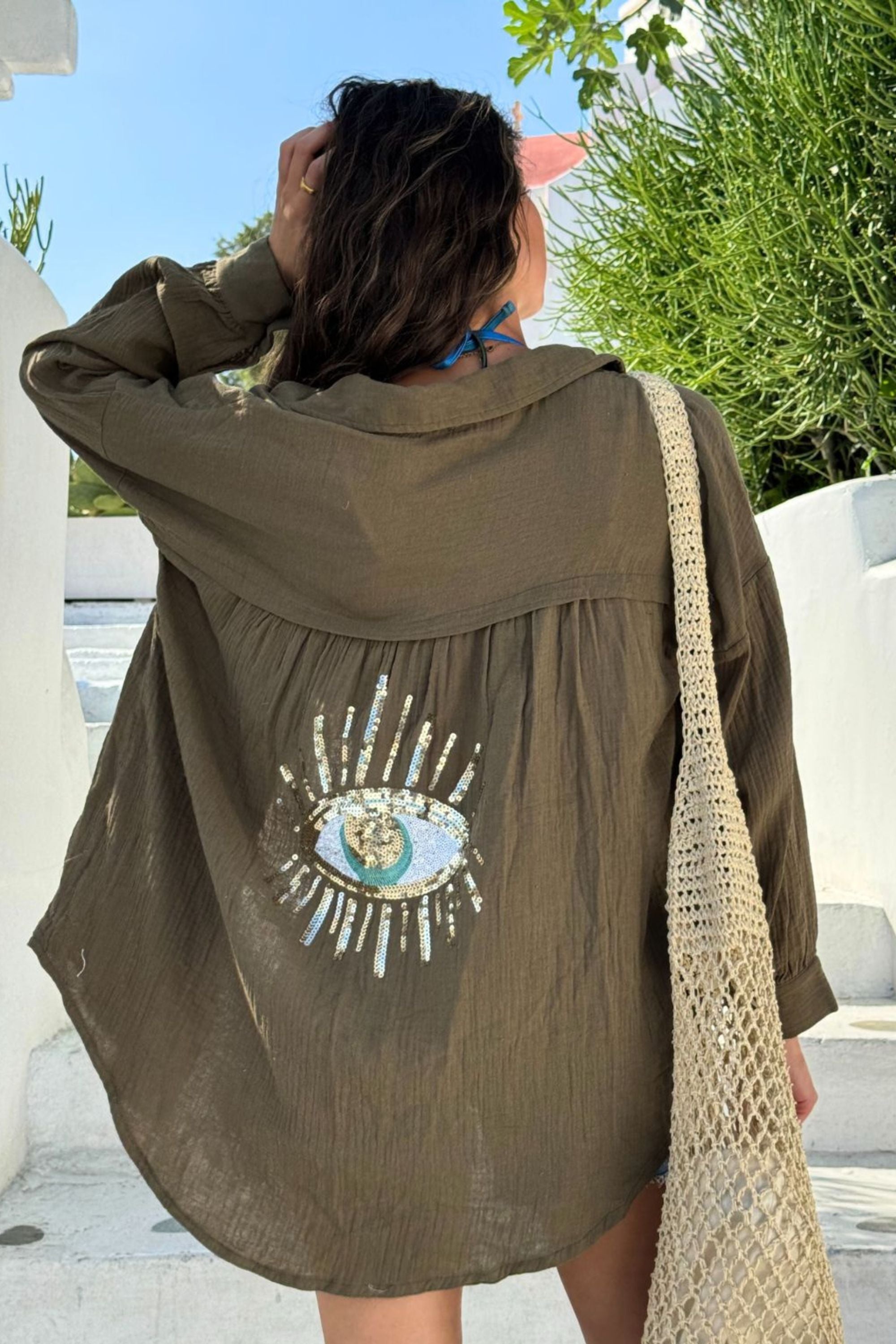 Cleo Eye Sequin Back Beach Shirt / Khaki