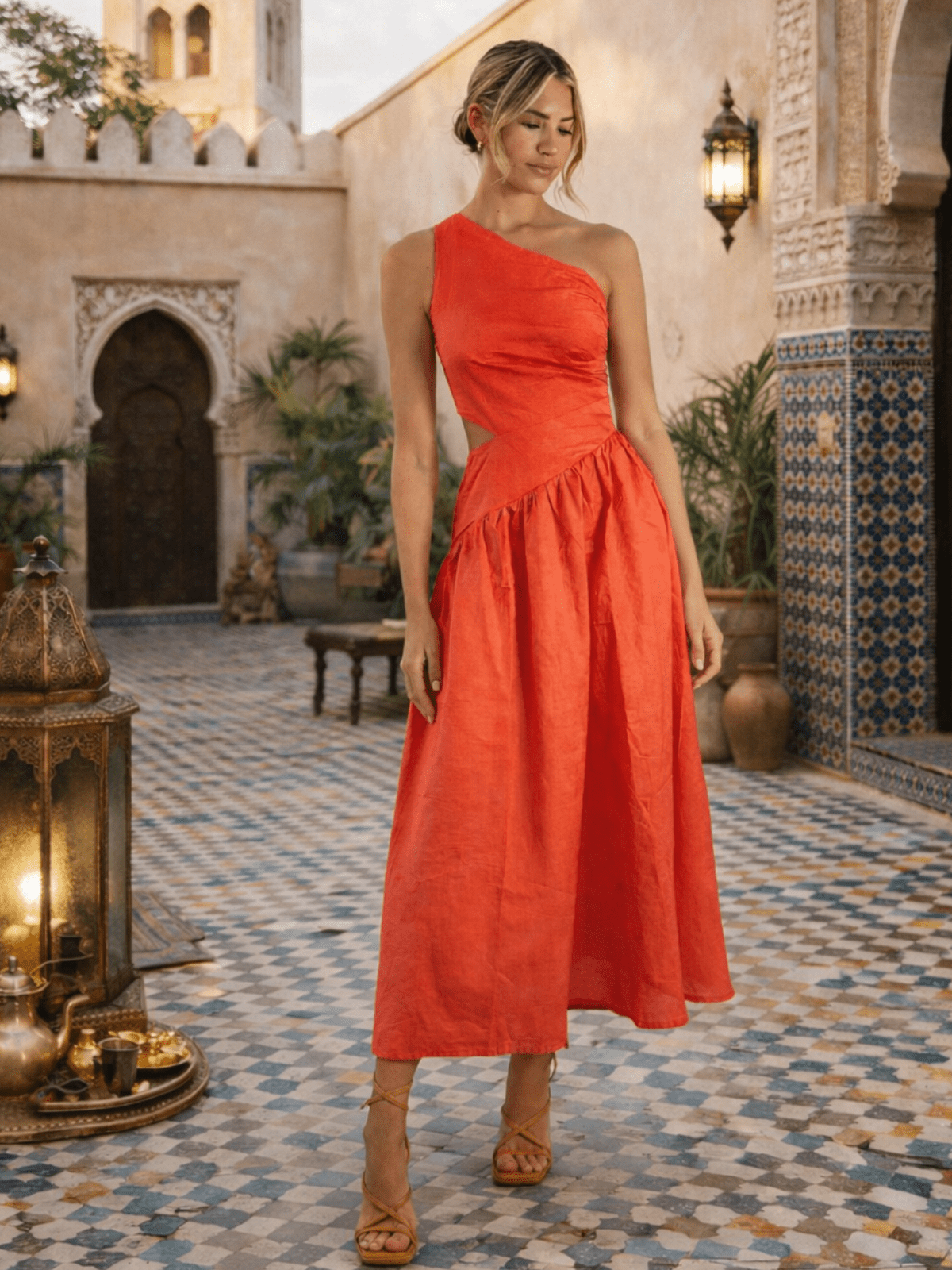 Jasmine Cut Out One Shoulder Dress in Coral