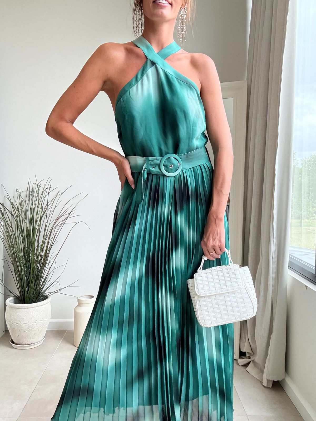 Paige Halter Pleated Belted Dress / Green Print