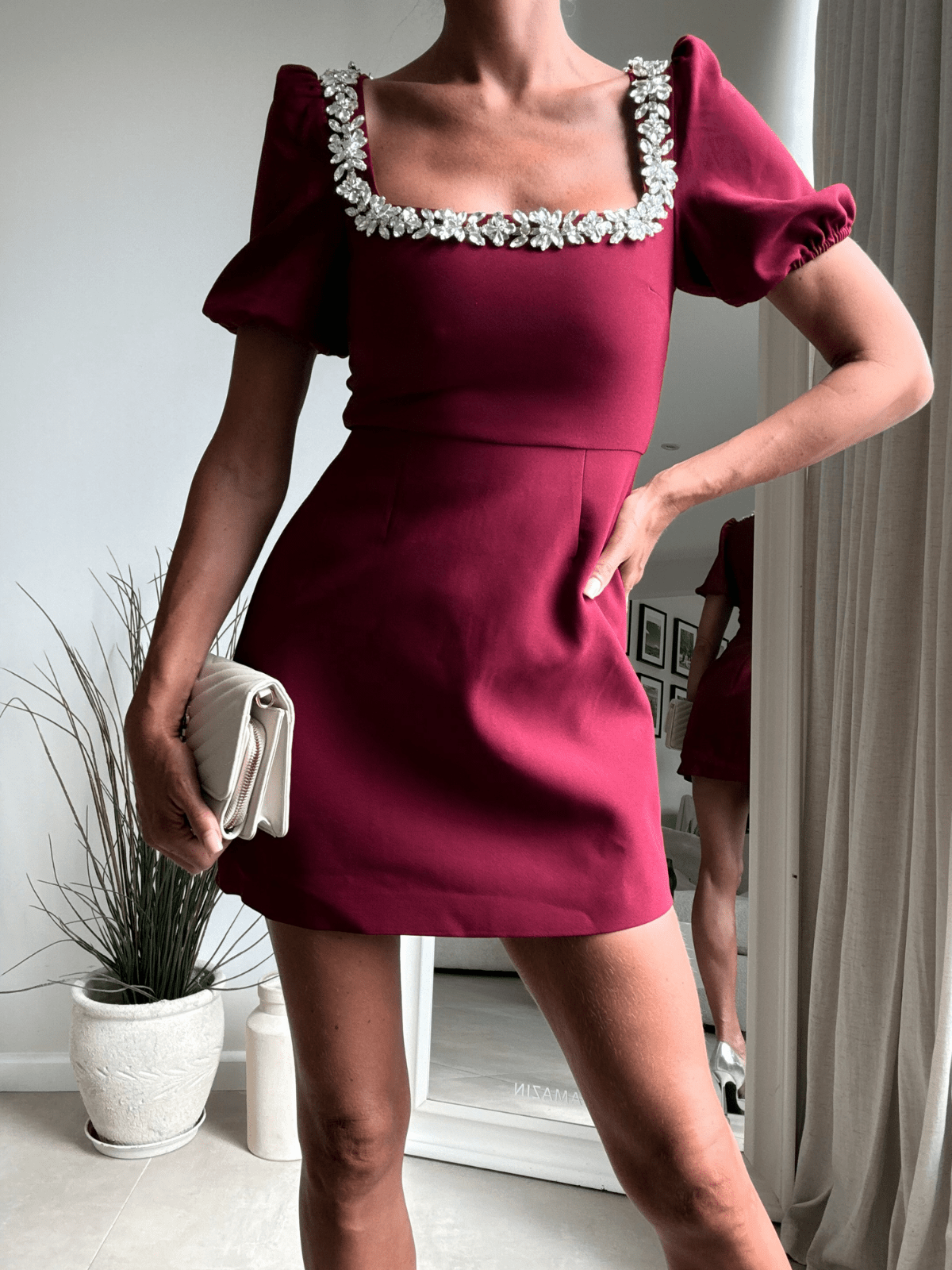 Sloane Puff Sleeve Embellished Trim Dress / Mulberry Red Style Cheat Sloane Puff Sleeve Embellished Trim Dress / Mulberry Red Style Cheat