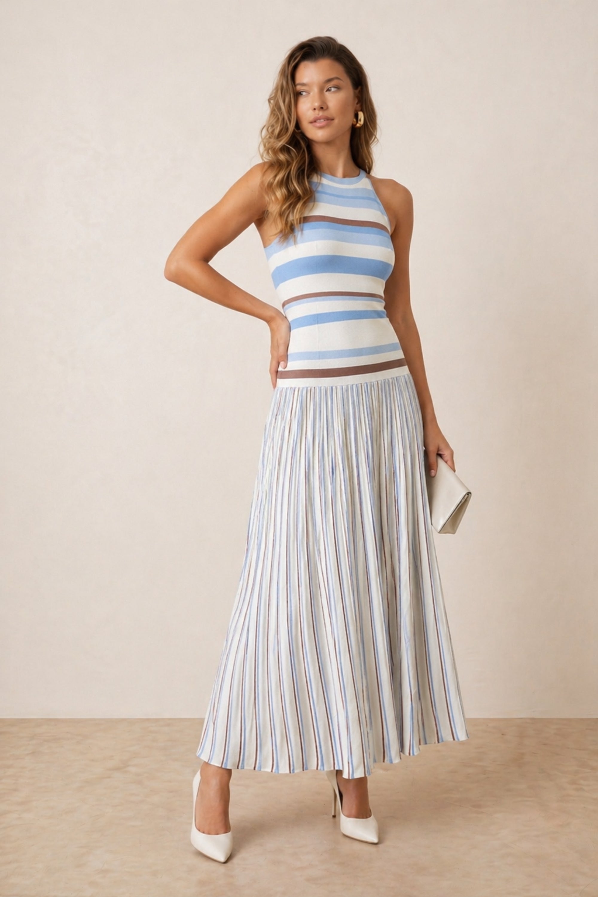 Brown and Blue Knitted Midi Dress
