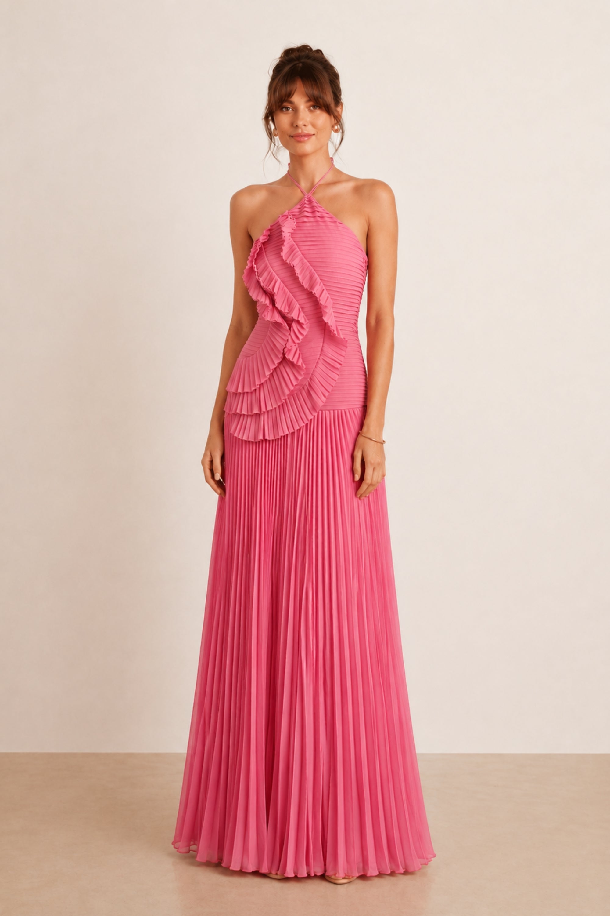 Pink Pleated Halter Maxi Dress