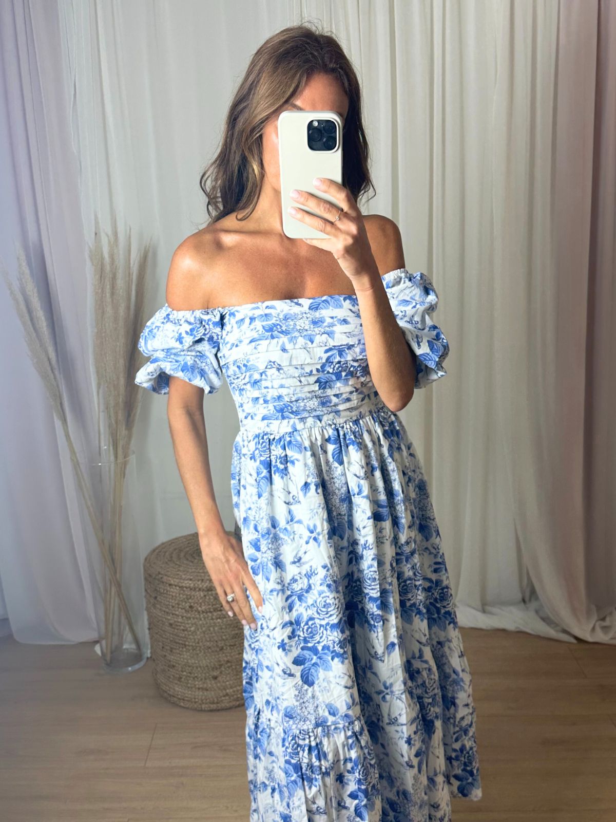 Puff Sleeve Midi Dress | Leighton Dress in Blue Floral