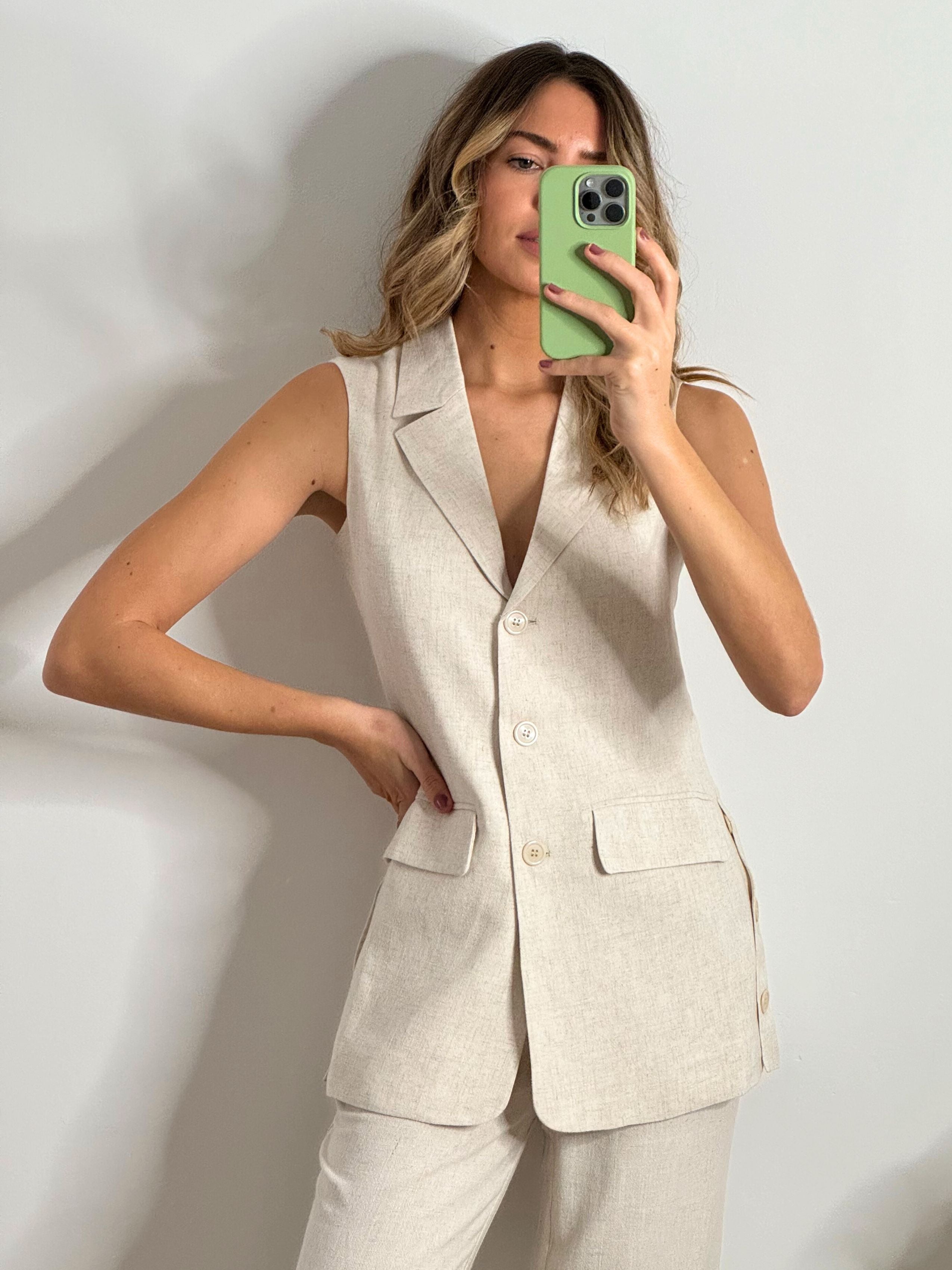 Linen Sleeveless Blazer | Claire Blazer in Neutral Linen