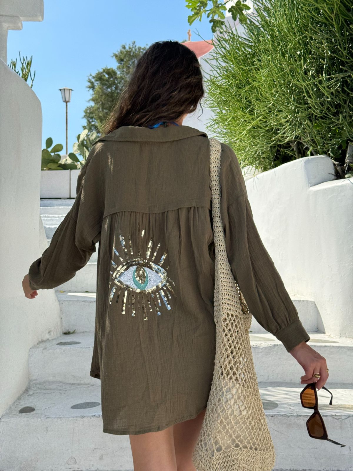 Khaki Beach Shirt | Cleo Eye Sequin Back Shirt