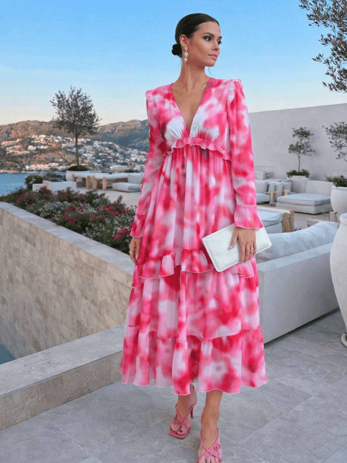 Birdie Frill Tie Back Dress / Pink Abstract