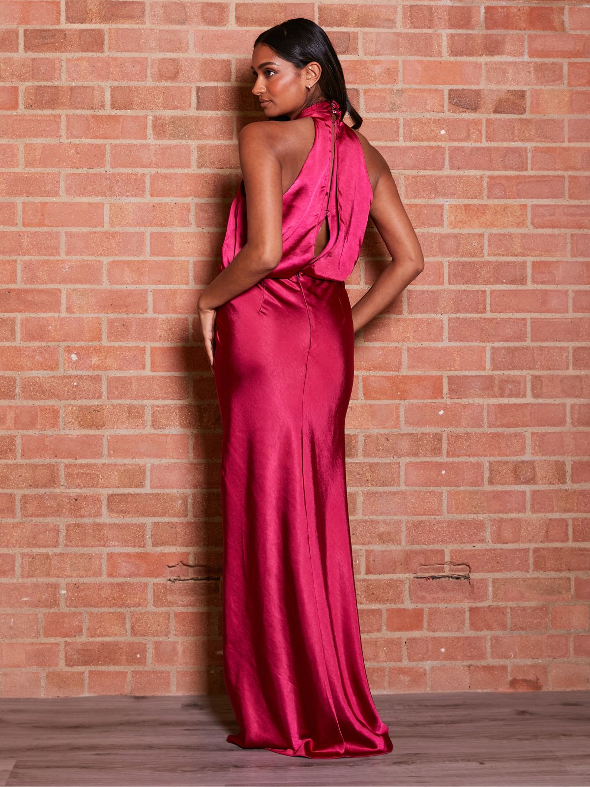 Twist Neck Satin Maxi Dress / Claret