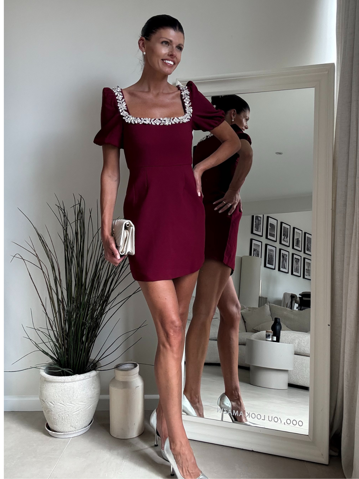 Sloane Puff Sleeve Embellished Trim Dress / Mulberry Red