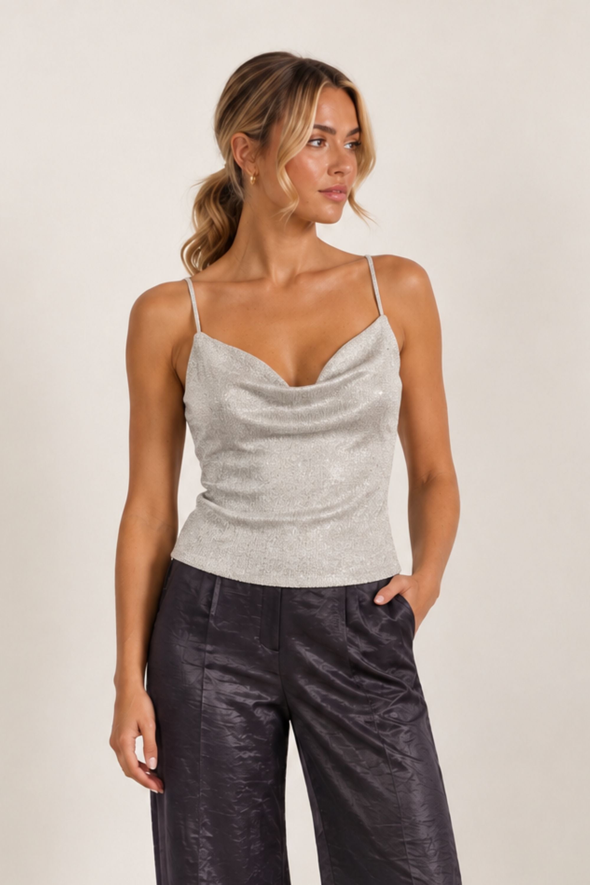 Astra Knitted Hot Fix Cowl Neck Top / Silver