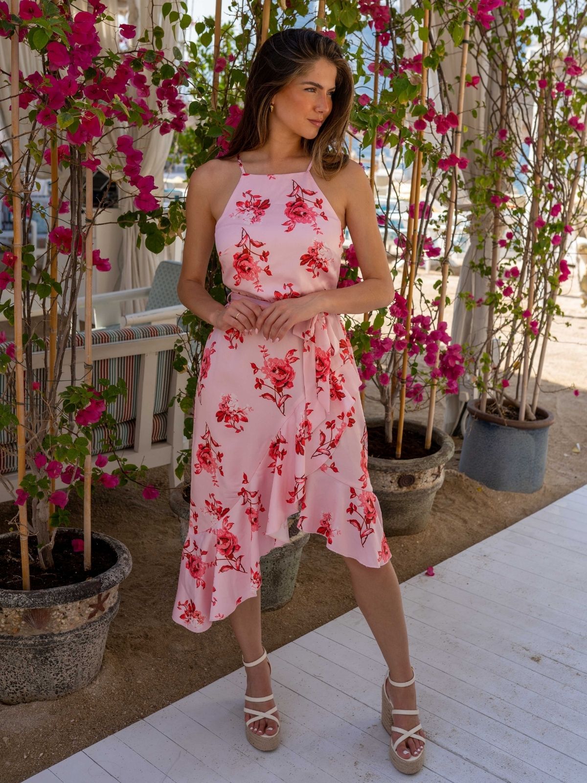 Ariana Halter Frill Dress / Blush Floral