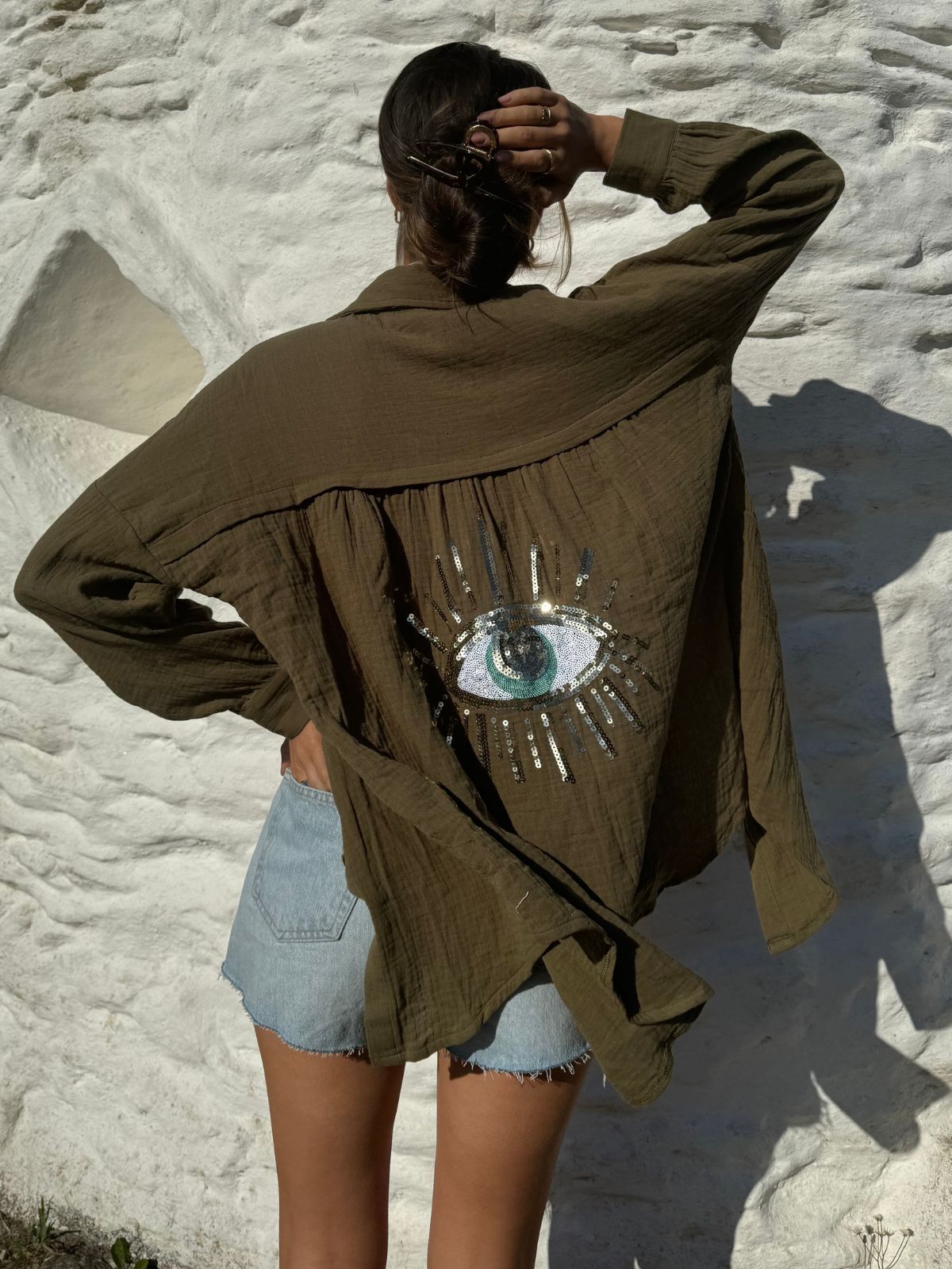 Khaki Beach Shirt | Cleo Eye Sequin Back Shirt