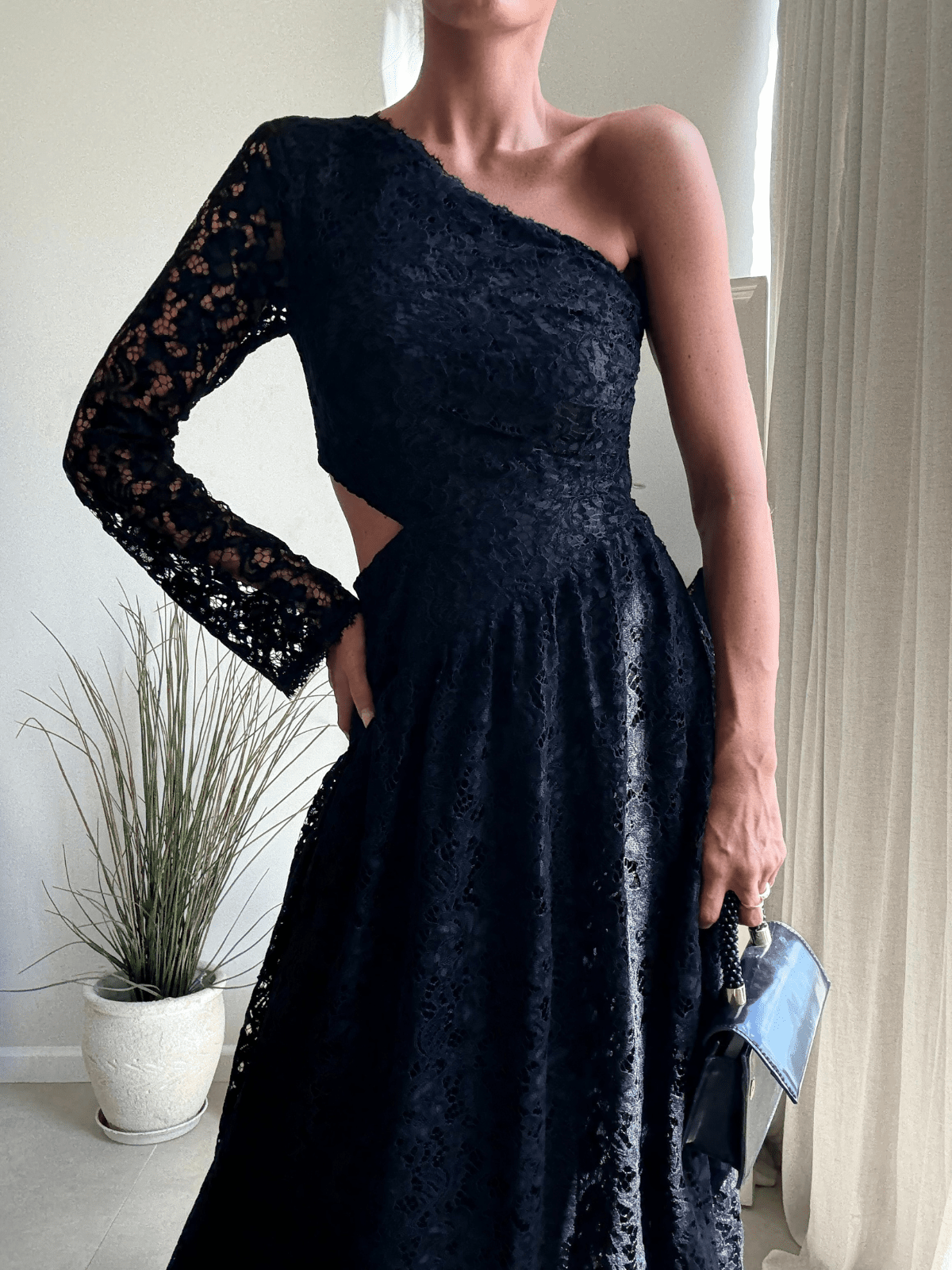 Jasmine Cut Out One Shoulder Dress in Black Lace