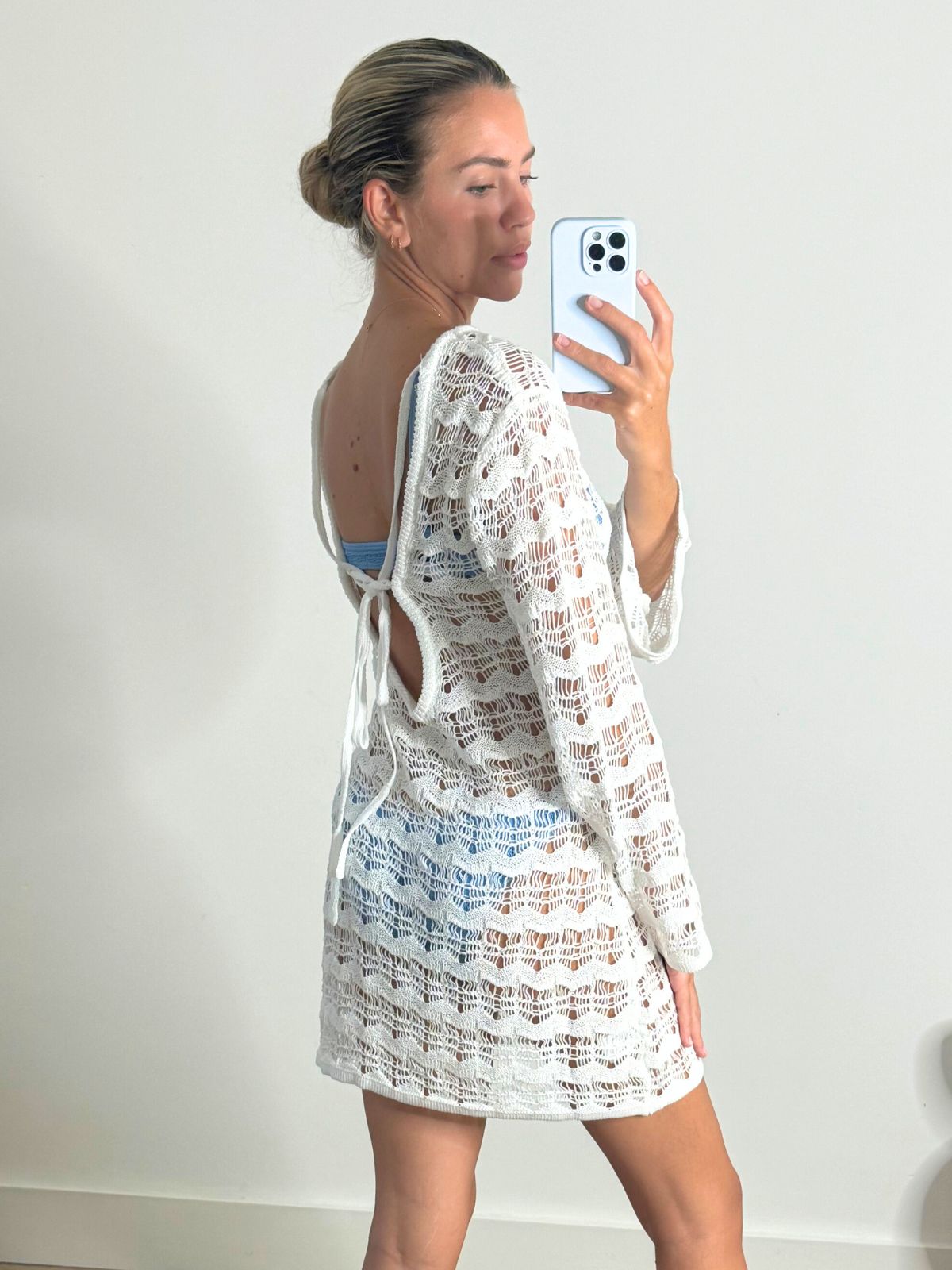 White Crochet Beach Dress | Ocean Long Sleeve Mini Dress